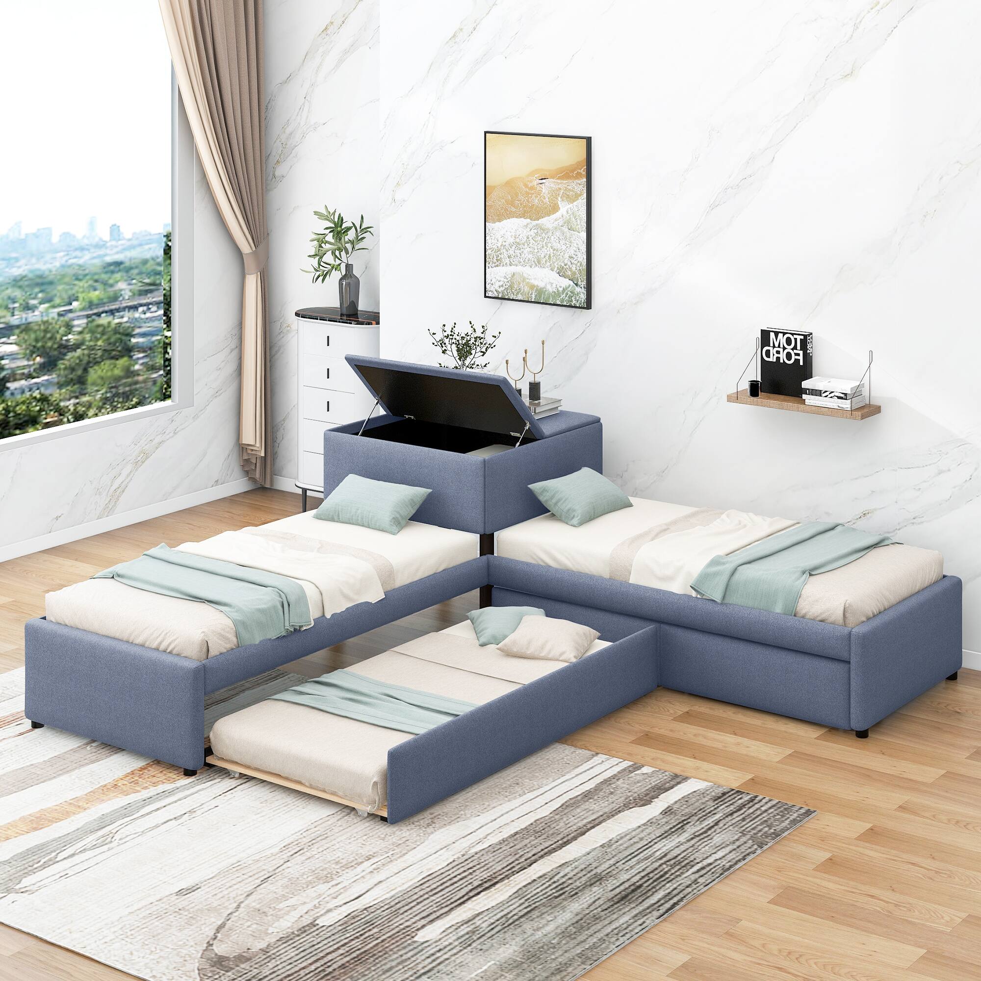 Whisen - Twin Size 3-Bed L-Shaped Platform Bed with Trundle, Storage Drawers, Built-in Desk, Linen Upholstery - Blue-Gray