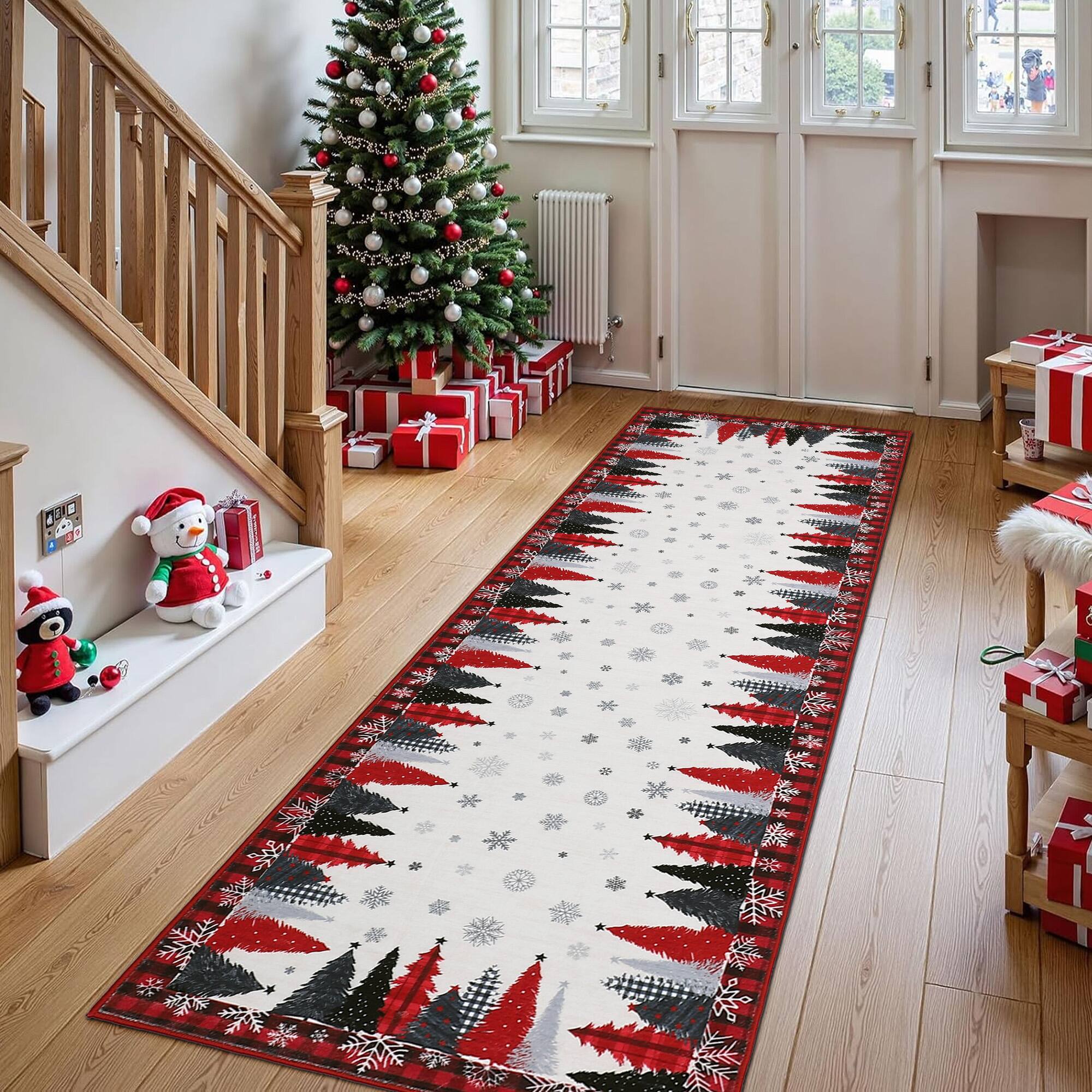 Left. Jojoka - 2x10 ft Red Christmas Area Rug, Tree Snowflake Checkered Print, Washable, Non-Slip, Holiday Living Room - Red.
