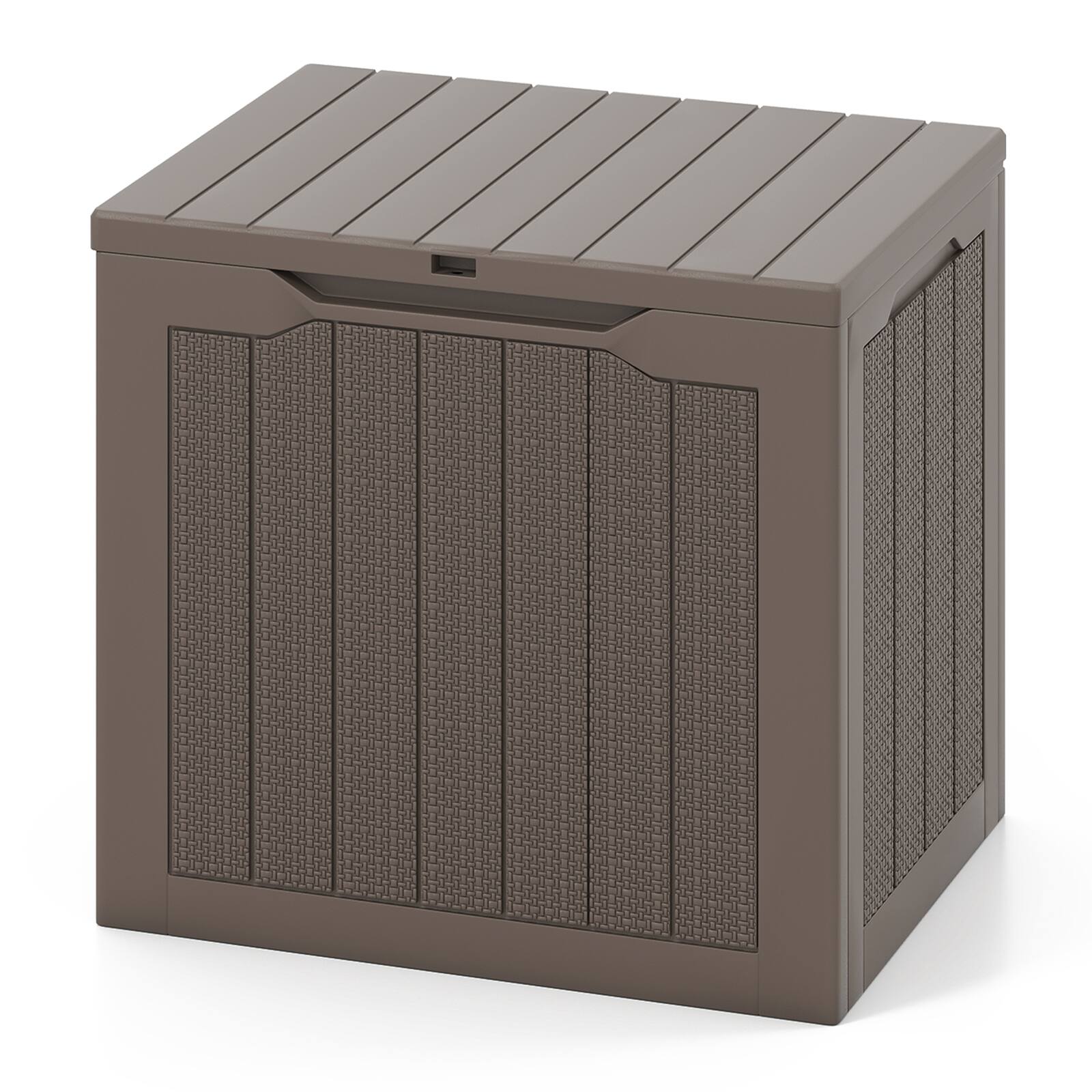 Back. WELLFOR - Outdoor Storage Box 25 Gallon Deck Box with Lockable Lid and Wicker-woven Texture - Brown.