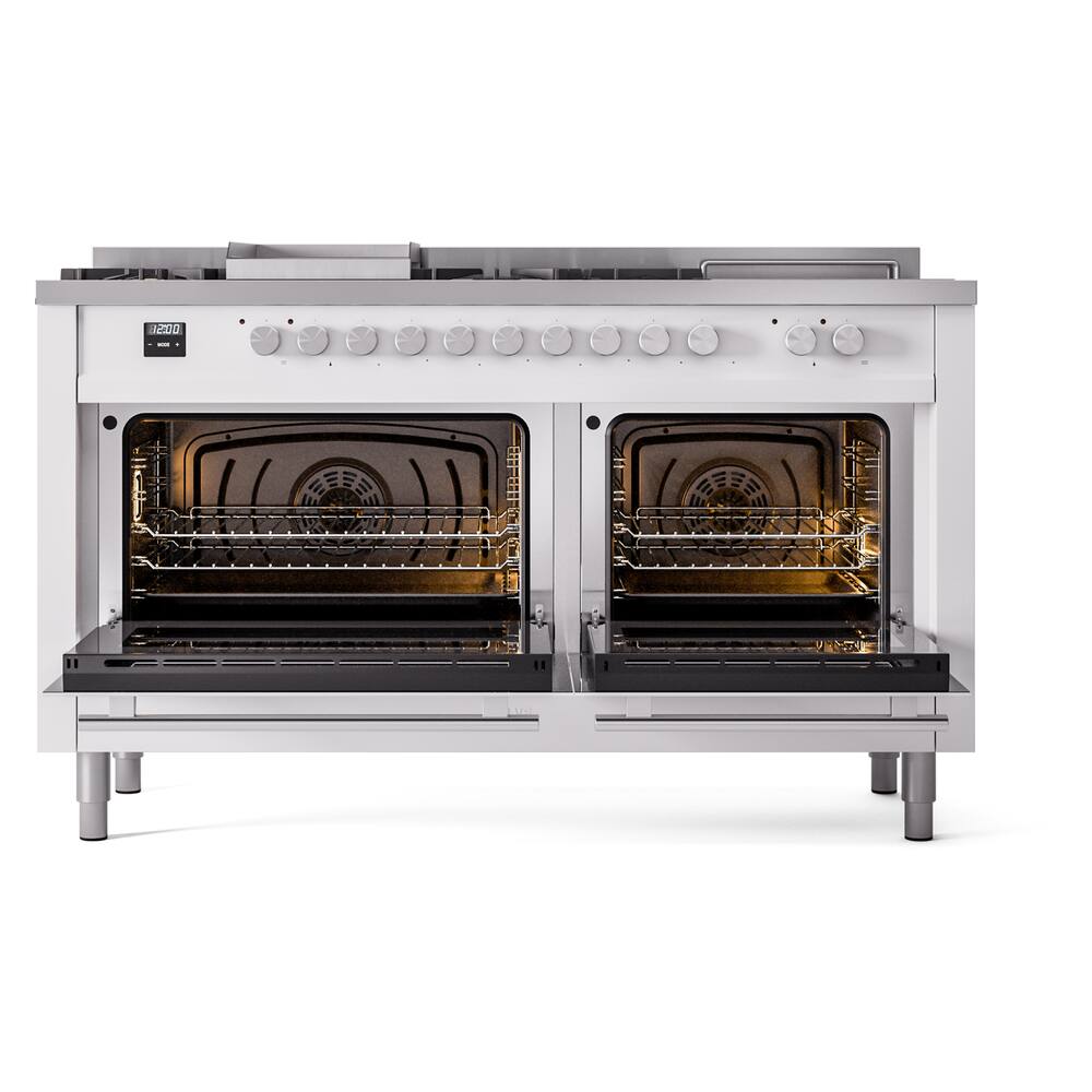 Alt View 1. ILVE - ILVE Professional Plus II Series 60 in. Dual Fuel Range with 7 Sealed Burners + Griddle (Natural Gas, Satin Trim) - White.