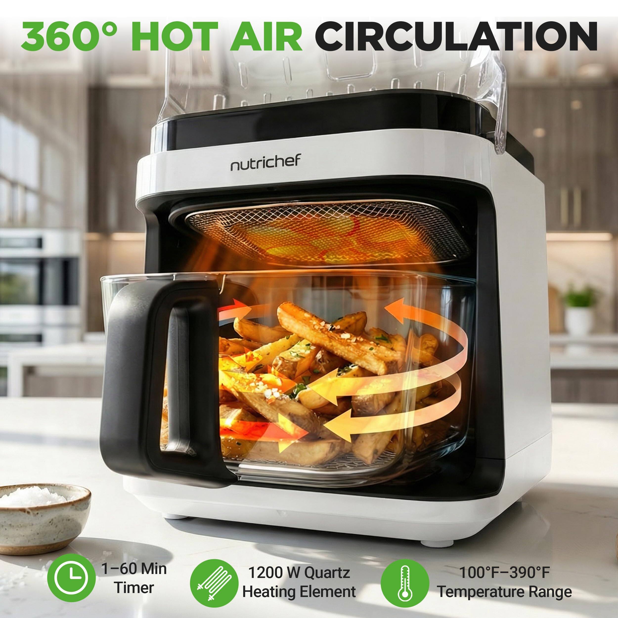360° HOT AIR CIRCULATION  
nutrichef  
1-60 Min Timer  
1200 W Quartz Heating Element  
100°F-390°F Temperature Range
