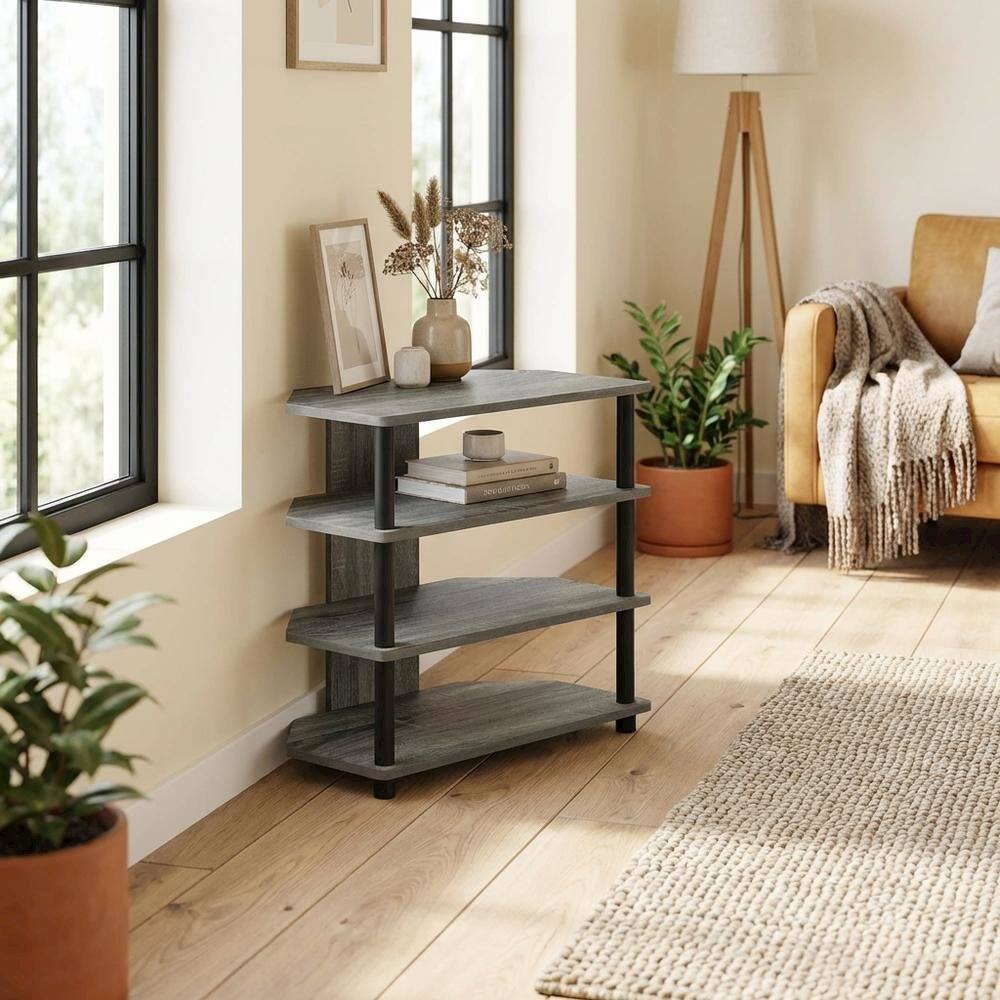 Alt View 2. FurniFact - Wooden TV stand, French Oak Grey, Black finish, 4-Tier Storage, Living Room - Gray Black.