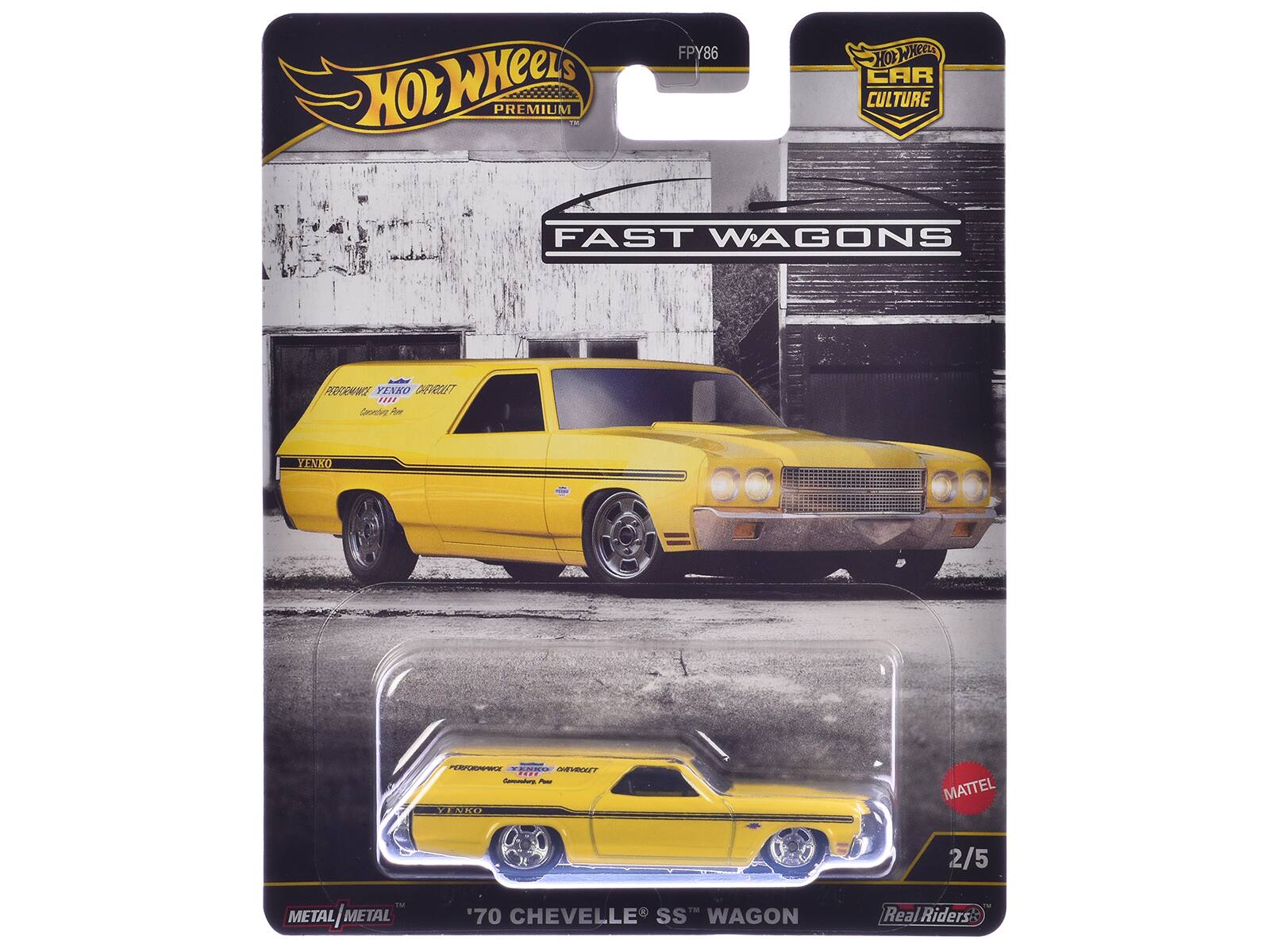 Hot Wheels  
Premium  

Fast Wagons  

Yenko  
'70 Chevelle SS Wagon  

Real Riders  

Metal/Metal  

2/5  

Mattel  

FPY86  

Hot Wheels Car Culture  

Yenko  
'70 Chevelle SS Wagon  

Real Riders