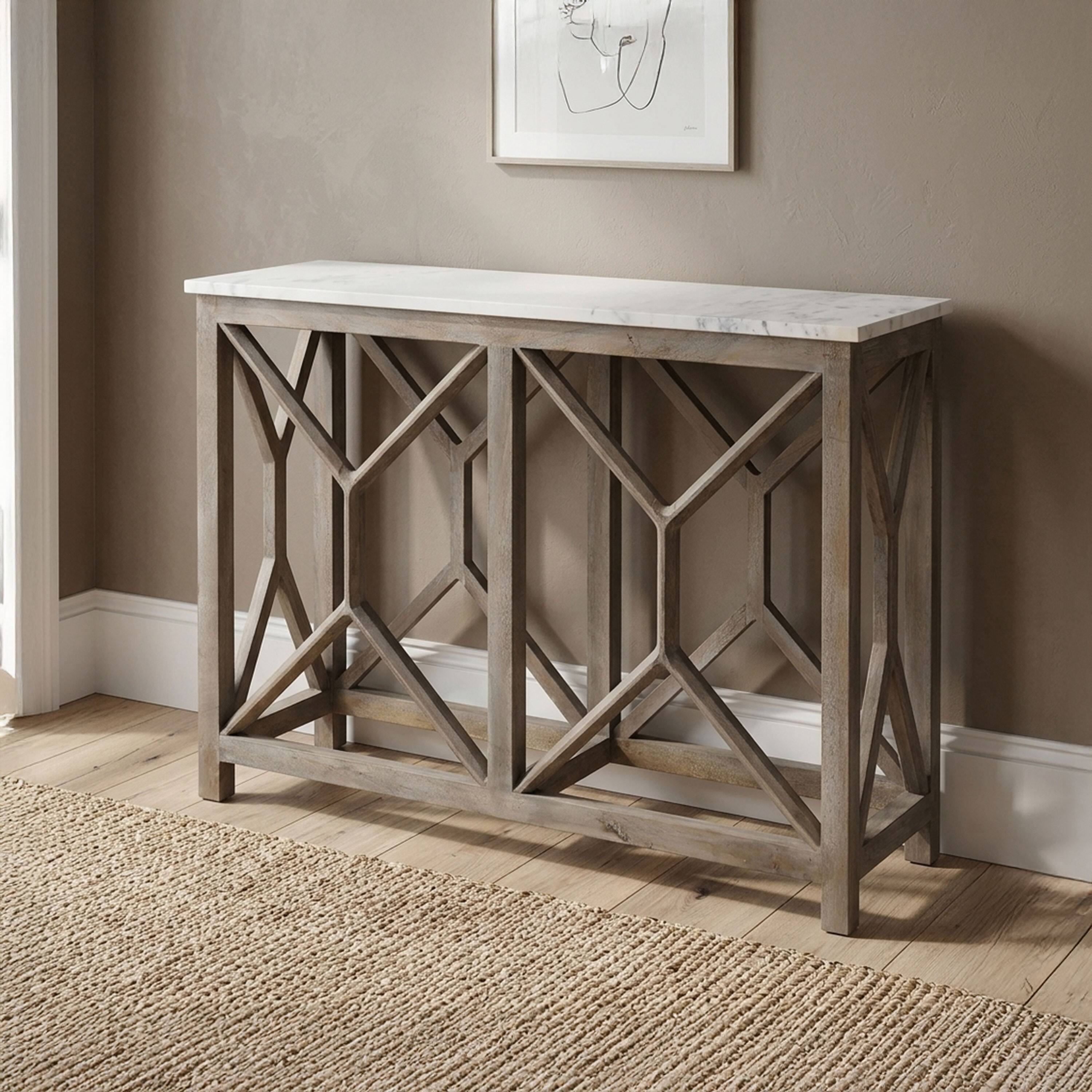 Alt View 5. Manhattan Lane - Agas 41 Inch Sofa Console Table, White Genuine Marble Top, Sandblasted Washed Ash Gray Mango Wood Geometric Frame - White, Ash Gray.