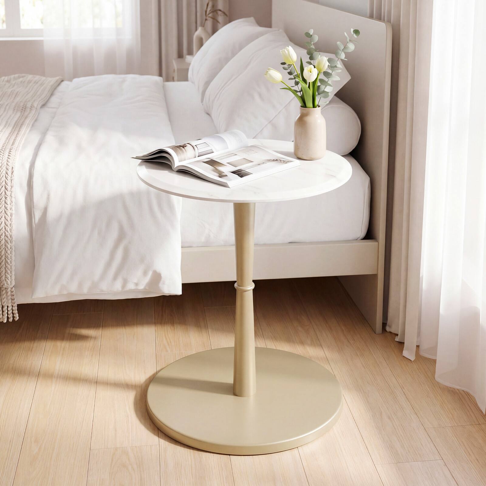 Alt View 4. Costway - Costway 2 PCS Round Marble Side Table with Stone Finish & Wooden Base for Living Room - White + Gold.