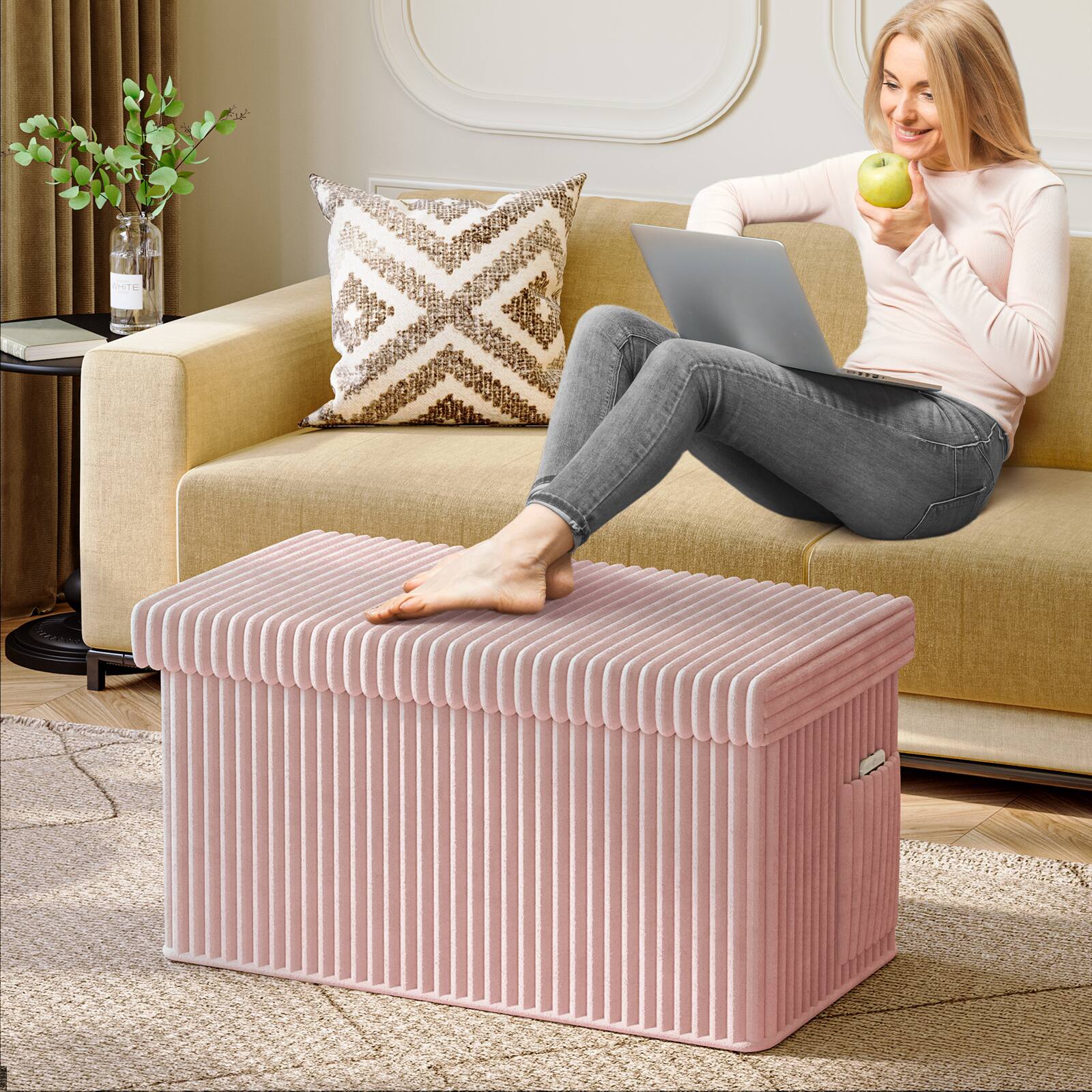 Left. Pinmoco - Pinmoco- Corduroy Ottoman Plush Foldable Bench with Free Cozy Blanket - Pink.