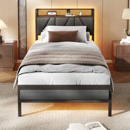Furnulem - Twin Upholstered Bed Frame with LED Lights & Headboard with Charging Station and USB Port - Brown