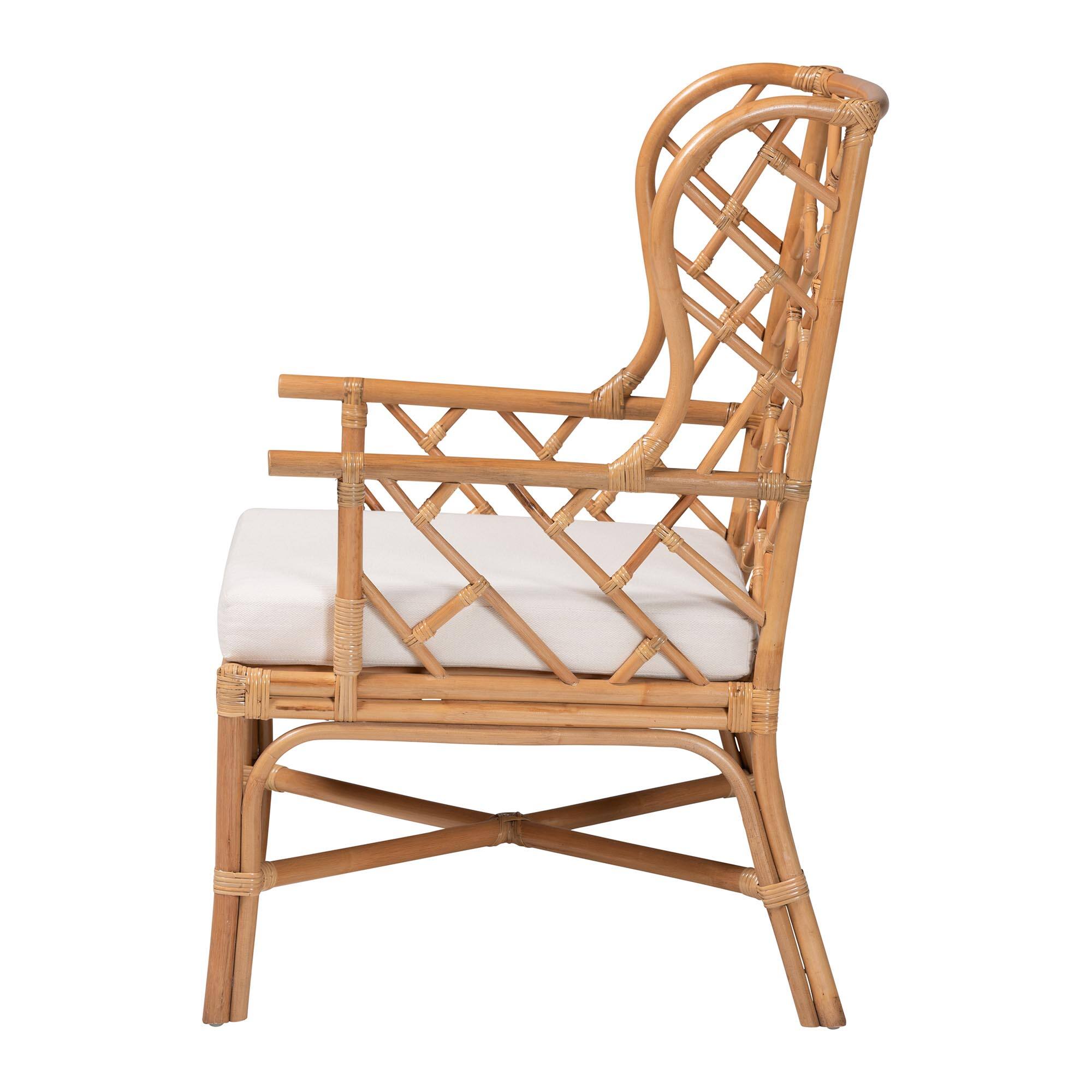 Left. bali & pari - Ray Natural Rattan Wingback Armchair with Removable Cushion - Natural Rattan.