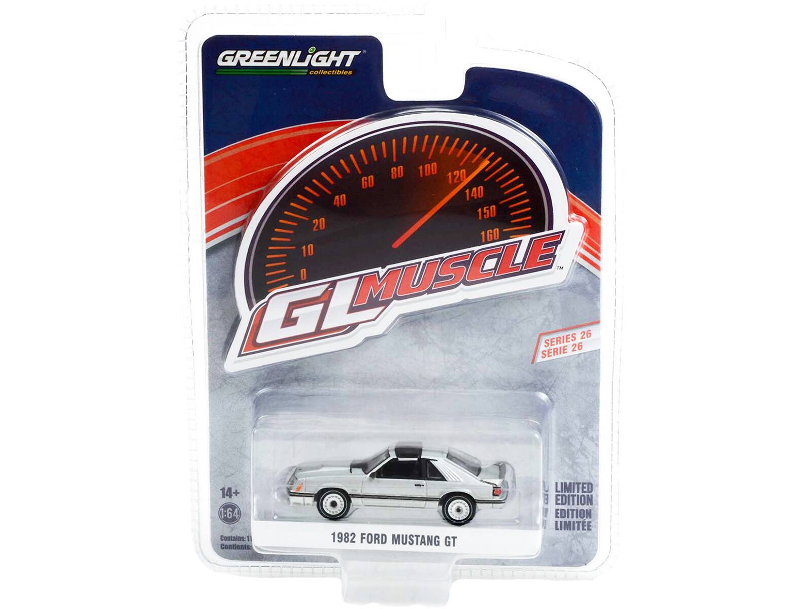 GREENLIGHT collectibles  
80 100 120 60 40 140 150 20 160 10  
GL MUSCLE  
26 SERIES  
26 SERIE  
14+  
1:64  
Contains: 1  
Contients: 1  
1982 FORD MUSTANG GT  
LIMITED EDITION  
EDITION LIMITEE