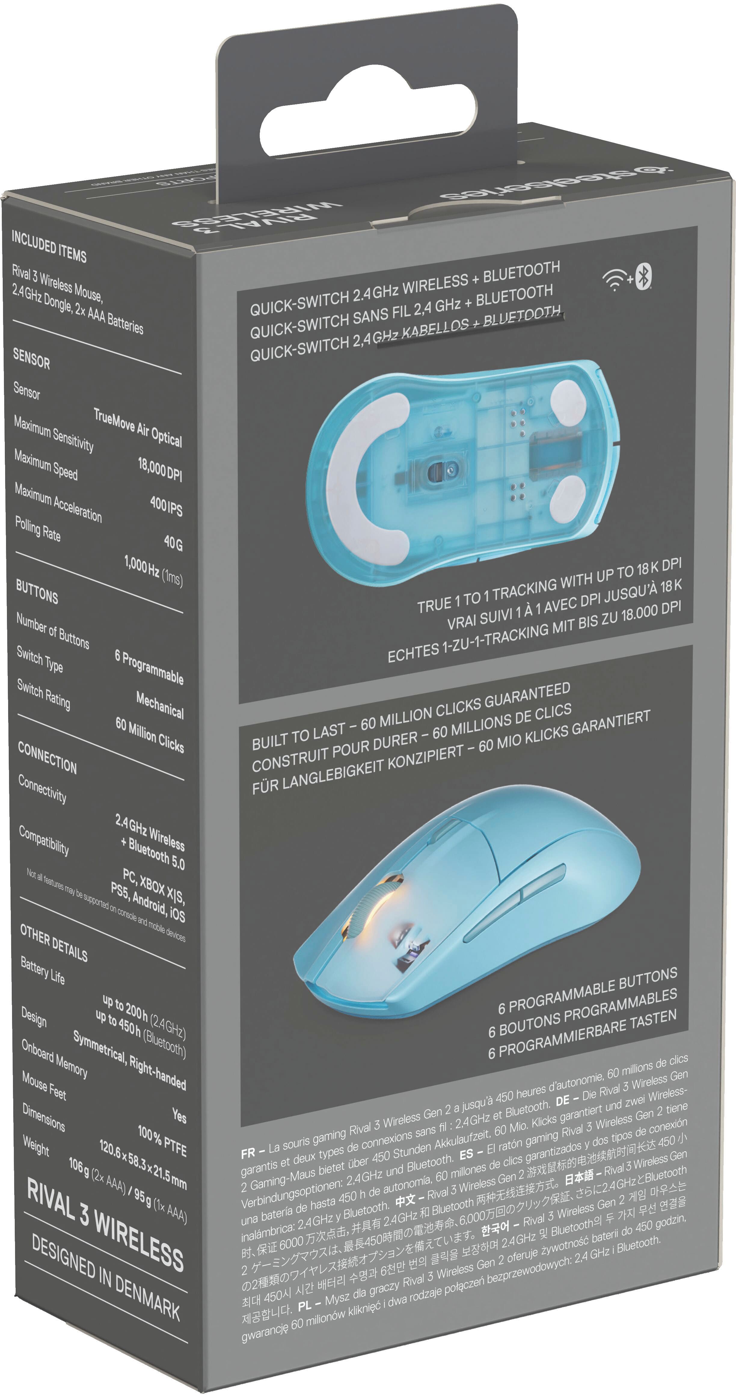The image features a box containing a wireless mouse and a Bluetooth dongle. The mouse is a Rival Wireless mouse with a 2.4GHz Bluetooth dongle. The box also includes a quick-switch sensor, AAA batteries, and a 40G 1,000Hz 18K DPI optical sensor. The mouse has a maximum true move sensitivity of 18,000 DPI and a maximum speed of 400 IPS. The box also contains a programmable switch and a million guaranteed clicks. The mouse is compatible with Bluetooth wireless PC, Xbox, PS5, and Android devices. The box also includes a 200-hour battery life and a symmetrical onboard design.
