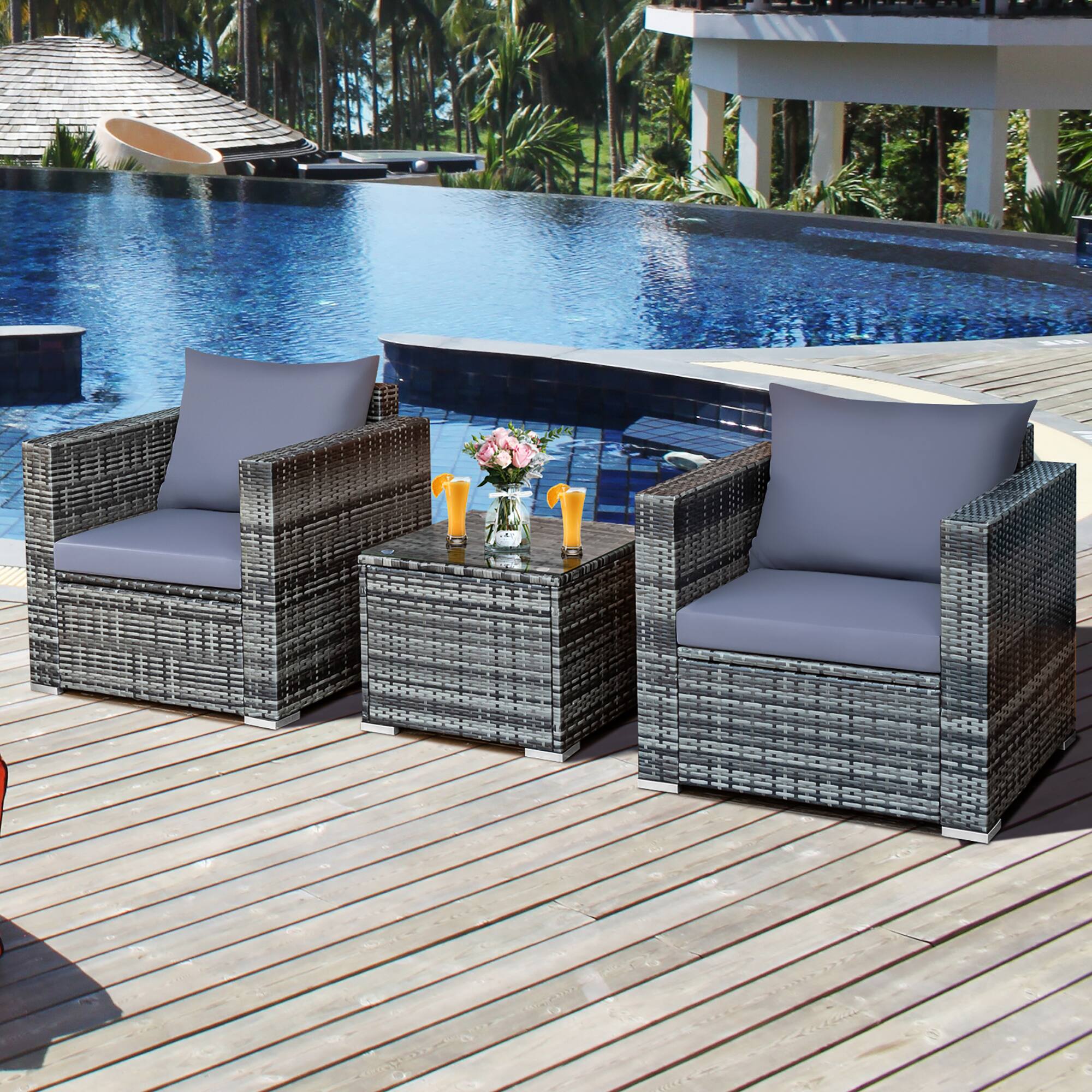 Alt View 8. Costway - 3 PCS Patio Rattan Furniture Bistro Set Cushioned Sofa Chair Glass Table Garden - Mix Grey/Grey.