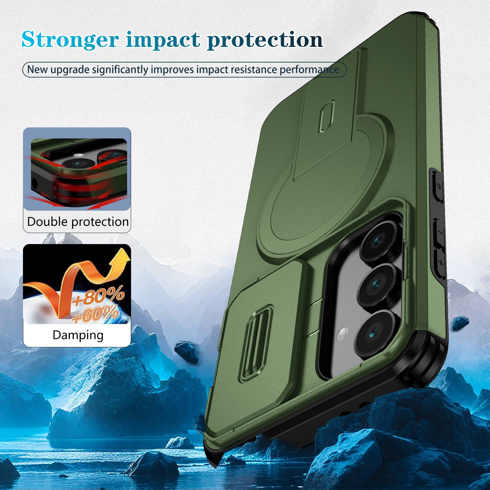 Stronger impact protection  
New upgrade significantly improves impact resistance performance  
Double protection  
+80% +60% Damping