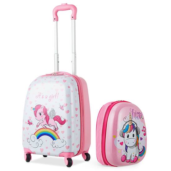 Costway 2 Pcs Kids Luggage Set 12 Backpack 16 Kid Carry On Suitcase for Boys Girls Pink Pink White