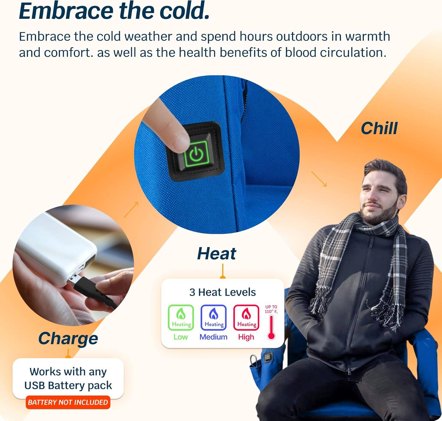 Embrace the cold.

Embrace the cold weather and spend hours outdoors in warmth and comfort, as well as the health benefits of blood circulation.

Chill

Heat

3 Heat Levels
- Heating Low
- Heating Medium
- Heating High
UP TO 110°F

Charge

Works with any USB Battery pack
BATTERY NOT INCLUDED