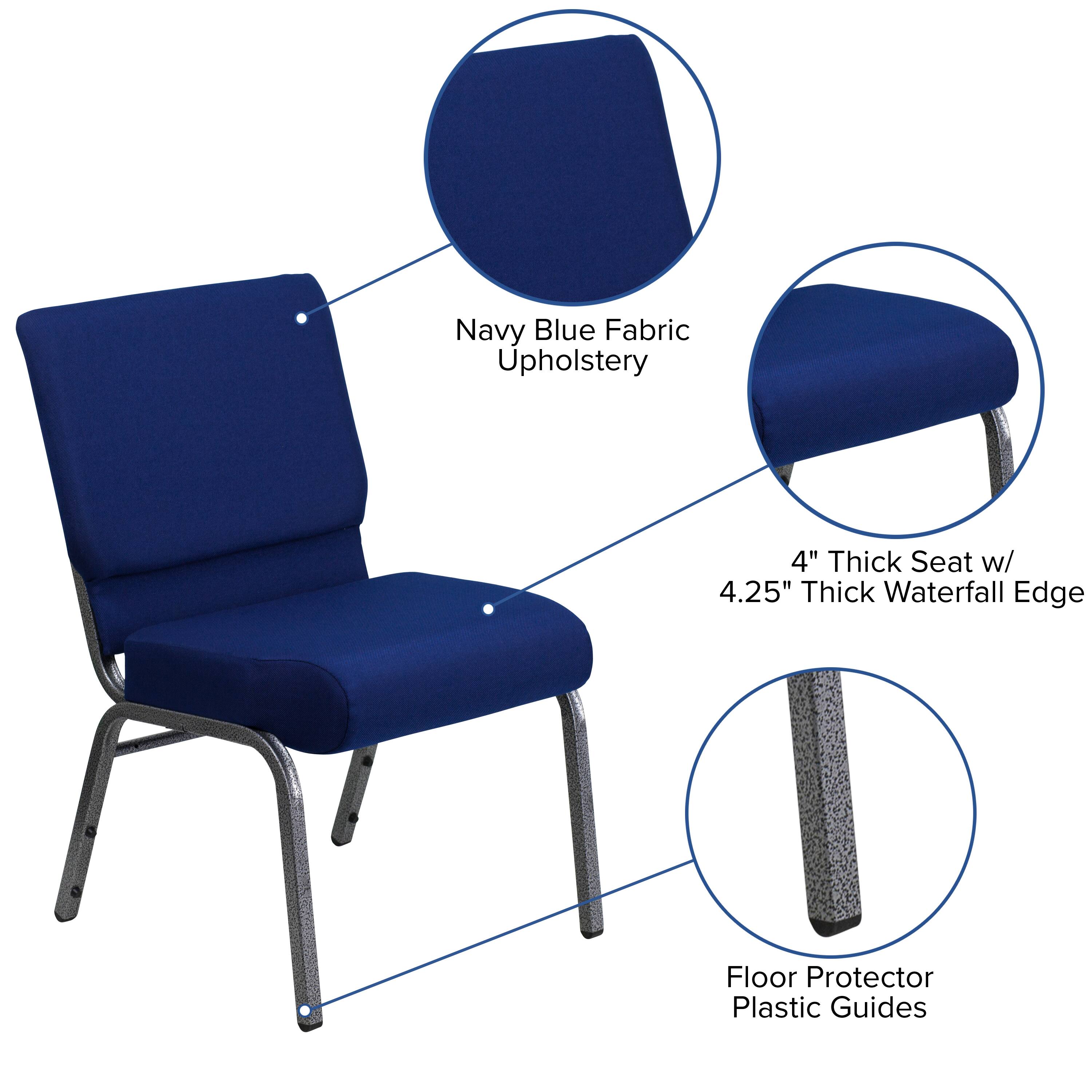 Navy Blue Fabric Upholstery  
4" Thick Seat w/ 4.25" Thick Waterfall Edge  
Floor Protector Plastic Guides
