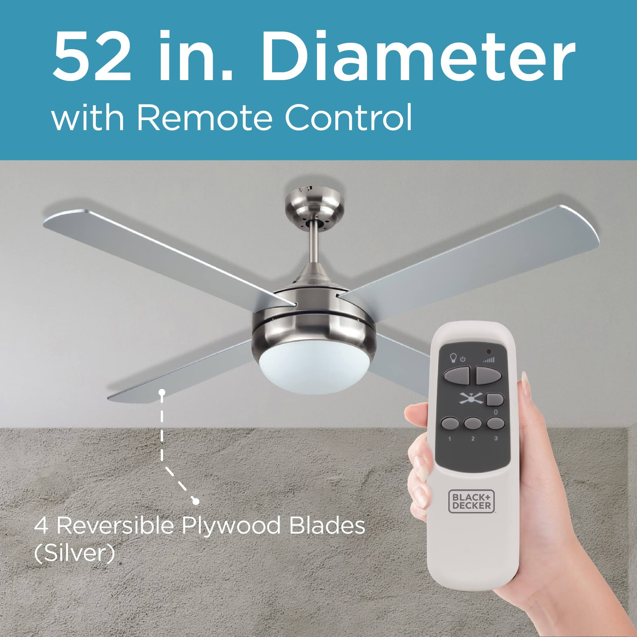52 in. Diameter with Remote Control, 4 Reversible Plywood Blades (Silver), BLACK+ DECKER