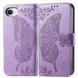 Dteck - Wallet Case for Apple iPhone 17e/iPhone 16e, Embossed Butterfly Pattern Leather Card Slots Flip Stand Cover+Strap - Lightpurple