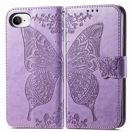 Front. Dteck - Wallet Case for Apple iPhone 17e/iPhone 16e, Embossed Butterfly Pattern Leather Card Slots Flip Stand Cover+Strap - Lightpurple.
