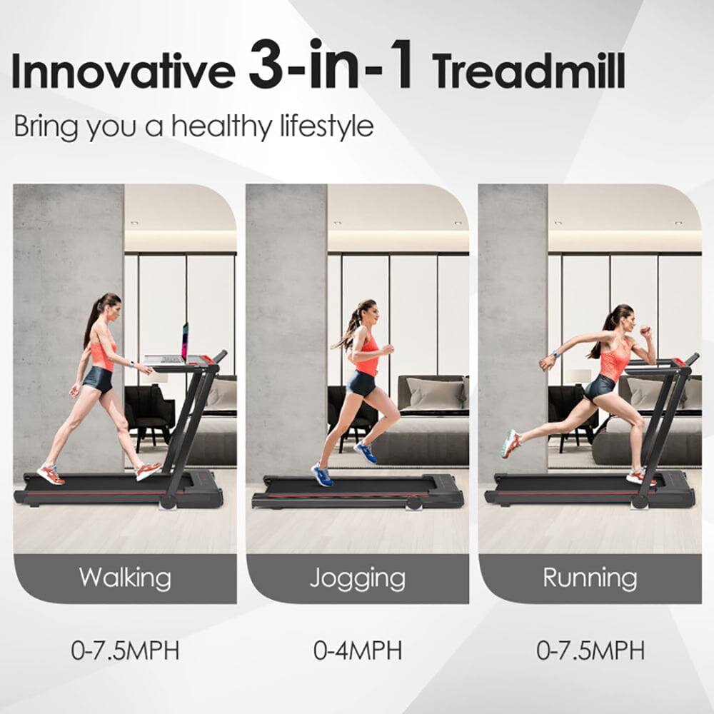 Innovative 3-in-1 Treadmill  
Bring you a healthy lifestyle  

Walking  
0-7.5MPH  

Jogging  
0-4MPH  

Running  
0-7.5MPH