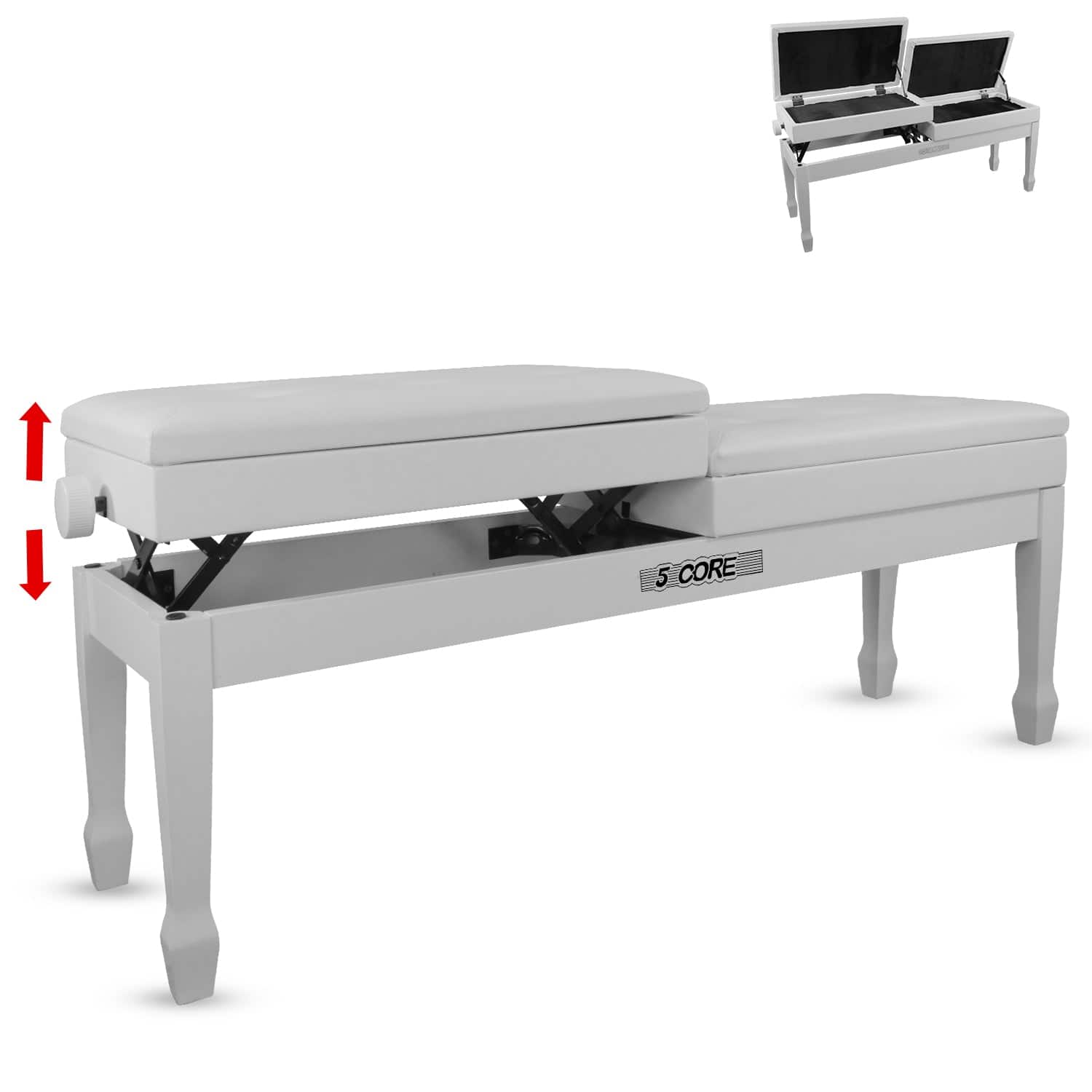 5 CORE - Duet Piano Bench w Storage For Two Wooden Adjustable Keyboard Stool - Adults & Kids - white