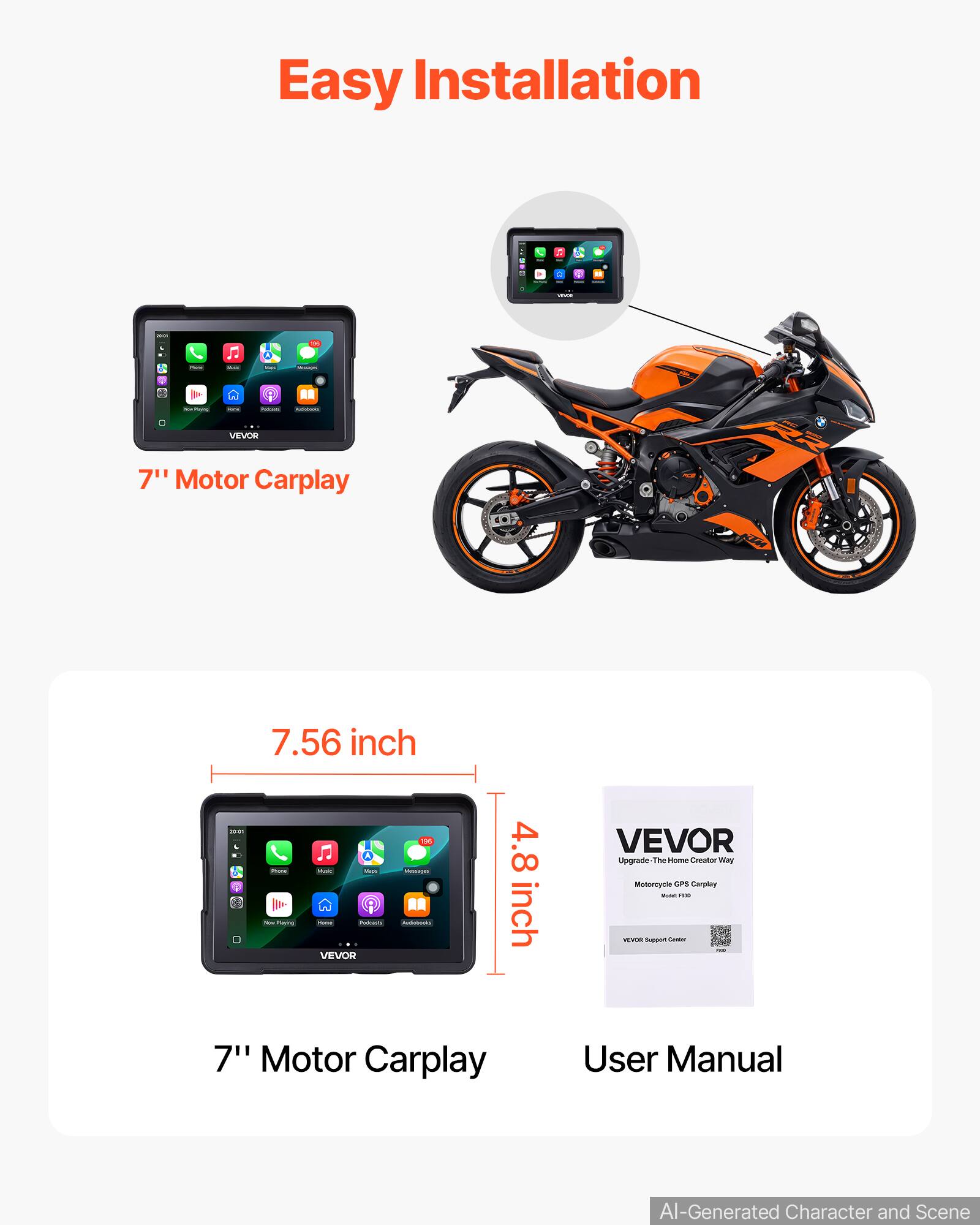 Easy Installation

6
VITAMIN
-
-
-
MAX
this
-
- CHINK
-
Policents
Additation
VEVOR
7" Motor Carplay
7.56 inch
20:01
- New POLITES
- TUMPL - man VEVOR
06 mann Autionania
4.8 inch
VEVOR Upgrade-The Home Creator Way Motorcycle GPS Carplay Video FOR MEPOR Support - -
7" Motor Carplay
User Manual
AI-Generated Character and Scene
