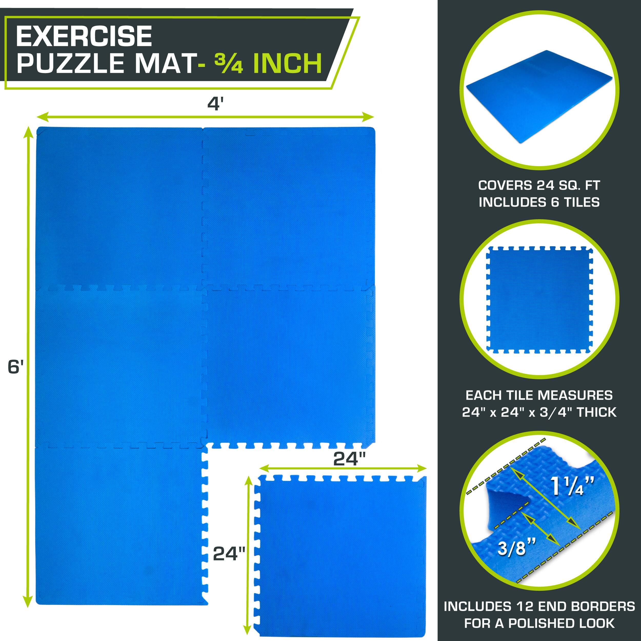 The corrected text is:

"Exercise Puzzle Mat - 3/4 inch. 4' covers 24 sq. ft. Includes 6 tiles, each 6' x 6' (24" x 24"). Each tile measures 24" x 24" x 3/4" thick. Includes 12 end borders for a polished look."