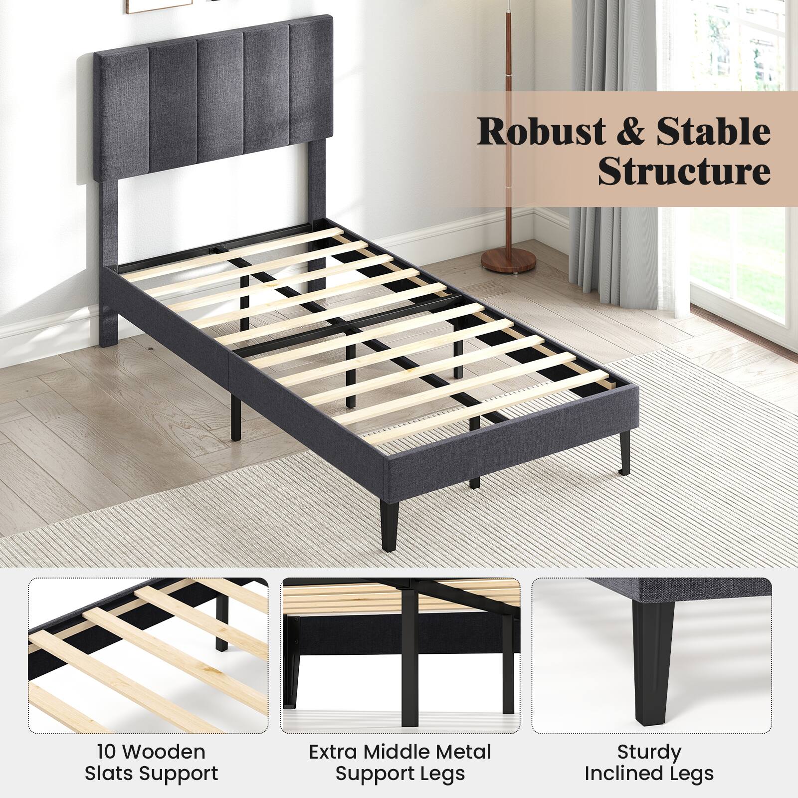 Robust & Stable Structure

10 Wooden Slats Support
Extra Middle Metal Support Legs
Sturdy Inclined Legs