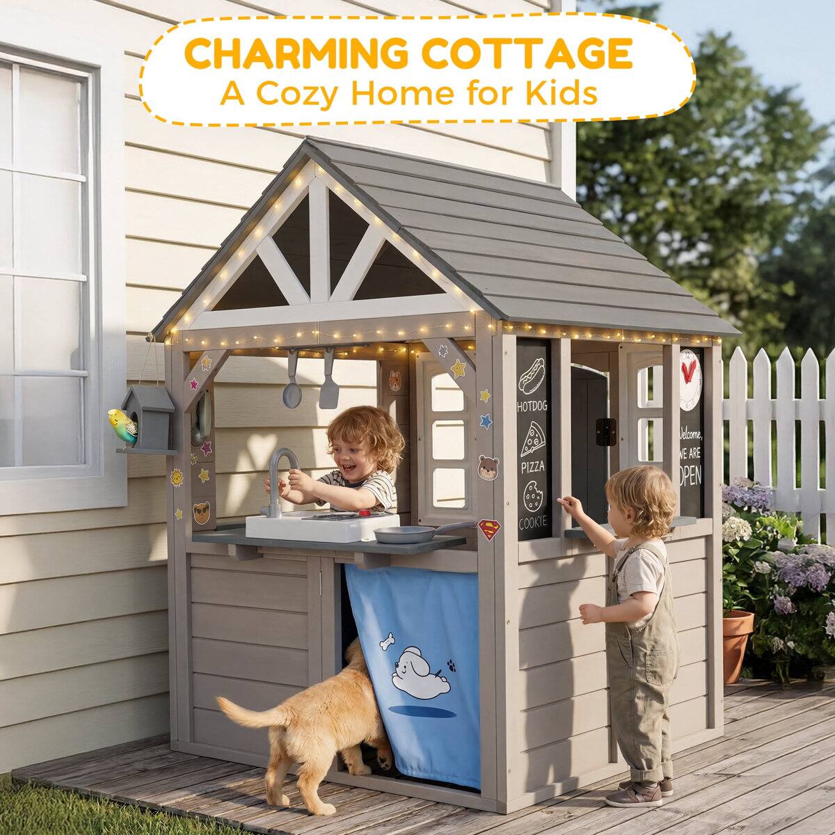 CHARMING COTTAGE  
A Cozy Home for Kids

HOTDOG PIZZA  
Welcome, WE ARE OPEN  
COOKIE