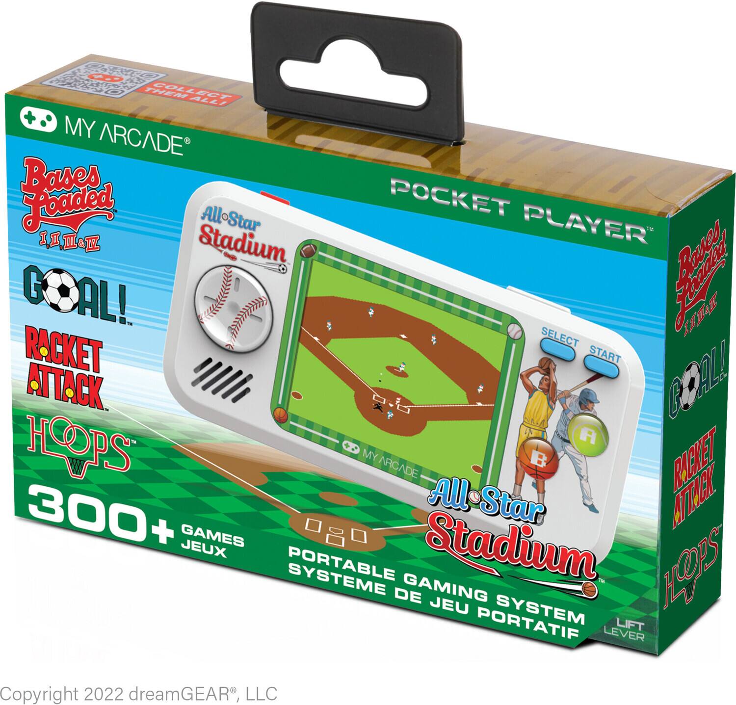 Sure, here is the corrected and grouped text from the image:

---

**MY ARCADE®**

**Baseball Loaded**

**POCKET PLAYER**

**All-Star Stadium**

**GOAL!**

**RACKET ATTACK**

**HOOPS**

**300+ GAMES JEUX**

**PORTABLE GAMING SYSTEM SYSTÈME DE JEU PORTATIF**

**SELECT START**

**LIFT LEVER**

**Copyright 2022 dreamGEAR®, LLC**

---

This text is organized to reflect the layout and content of the packaging.