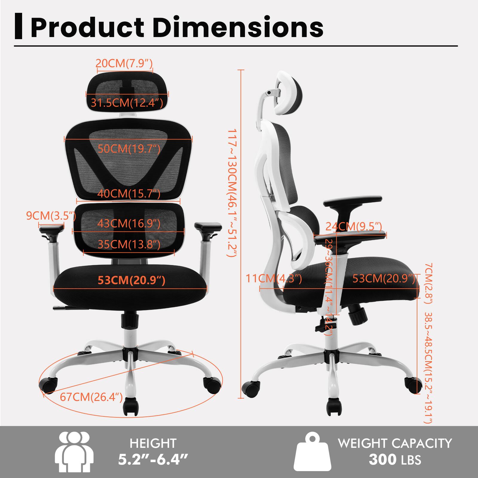 Product Dimensions

- 20CM(7.9")
- 31.5CM(12.4")
- 50CM(19.7")
- 40CM(15.7")
- 43CM(16.9")
- 35CM(13.8")
- 53CM(20.9")
- 9CM(3.5")
- 11CM(4.3")
- 24CM(9.5")
- 67CM(26.4")
- 117~130CM(46.1"~51.2")
- 29~36CM(11.4"~14.2")
- 53CM(20.9")
- 7CM(2.8")
- 385~485CM(15.2"~19.1")

Height: 5.2"-6.4"

Weight Capacity: 300 LBS