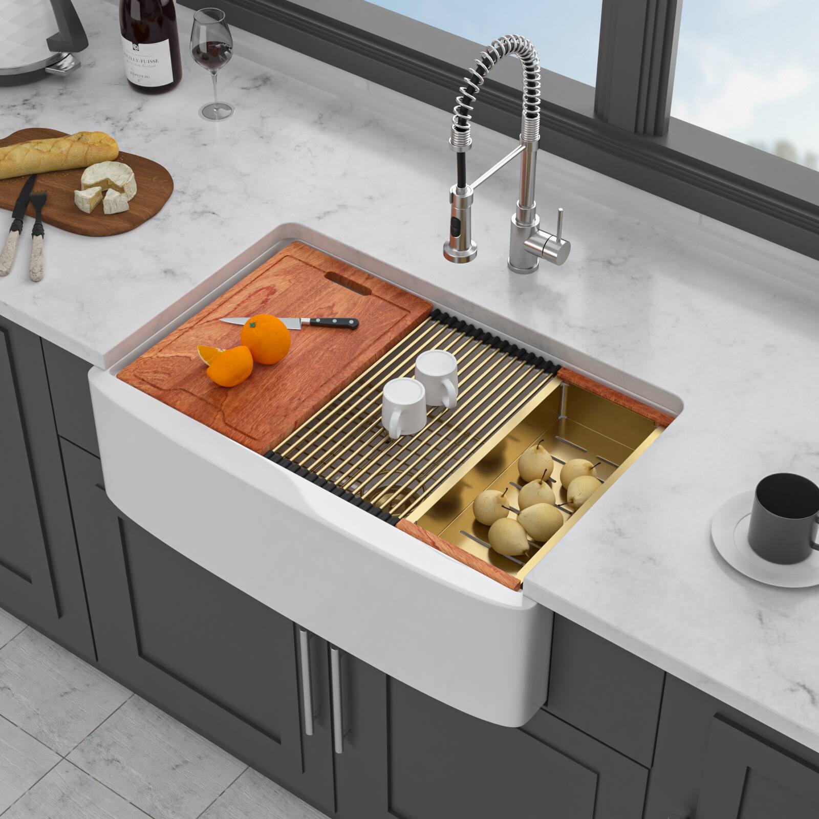 Front. Siljoy - 33" White Farmhouse Kitchen Sink Workstation - 33 x 21 x 10 inch White Porcelain Ceramic Sngle Bowl Kitchen Sink - White.