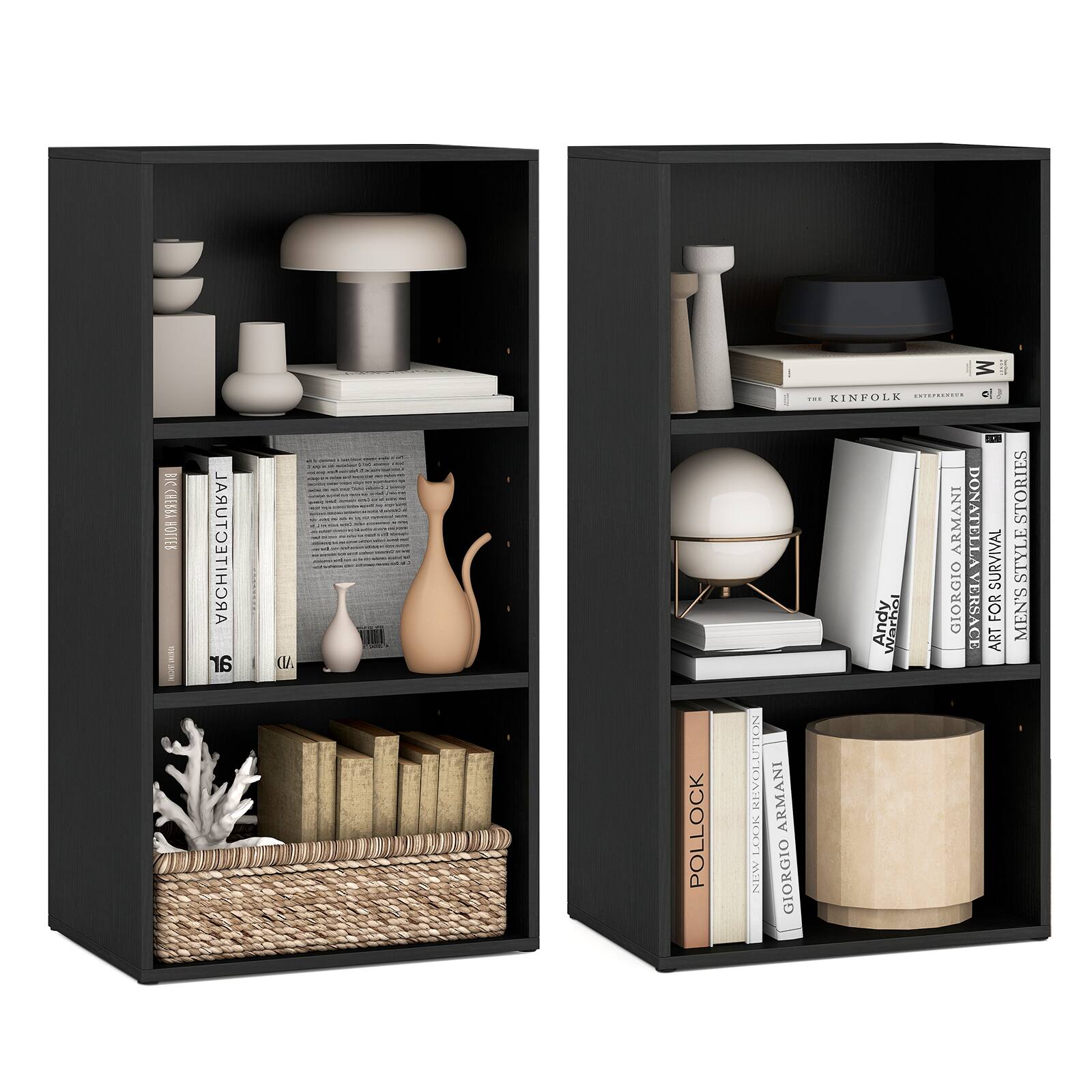 Gymax - 2 PCS 3-Tier Cube Bookcase Modern Open Bookshelf w/ Adjustable Shelves - Black