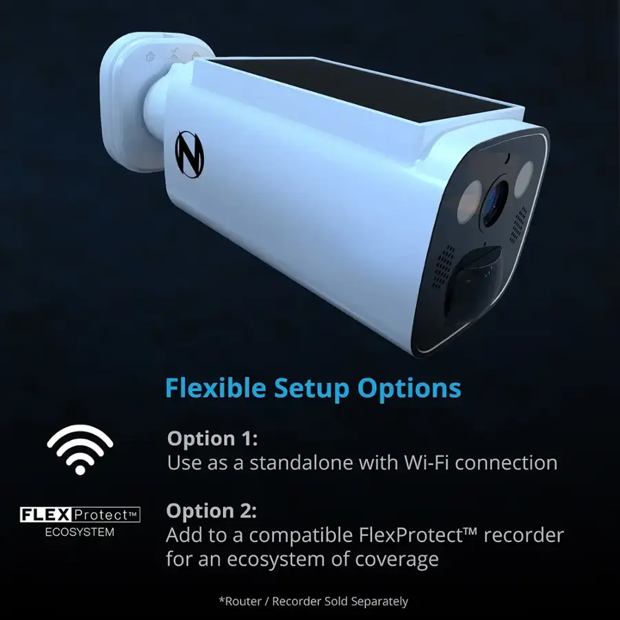 Flexible Setup Options:
Option 1: Use as a standalone with Wi-Fi connection
FLEX Protect TM ECOSYSTEM
Option 2: Add to a compatible FlexProtect recorder for an ecosystem of coverage
*Router/Recorder Sold Separately