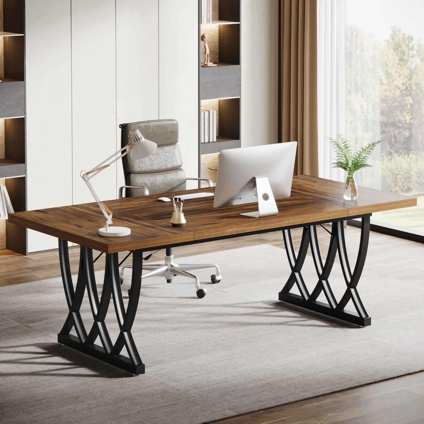 Front. Tribesigns - Office Executive Desk with Engineered Wood Construction, Metal Frame, for Computer Work and Writing in Home Offices - Brown.