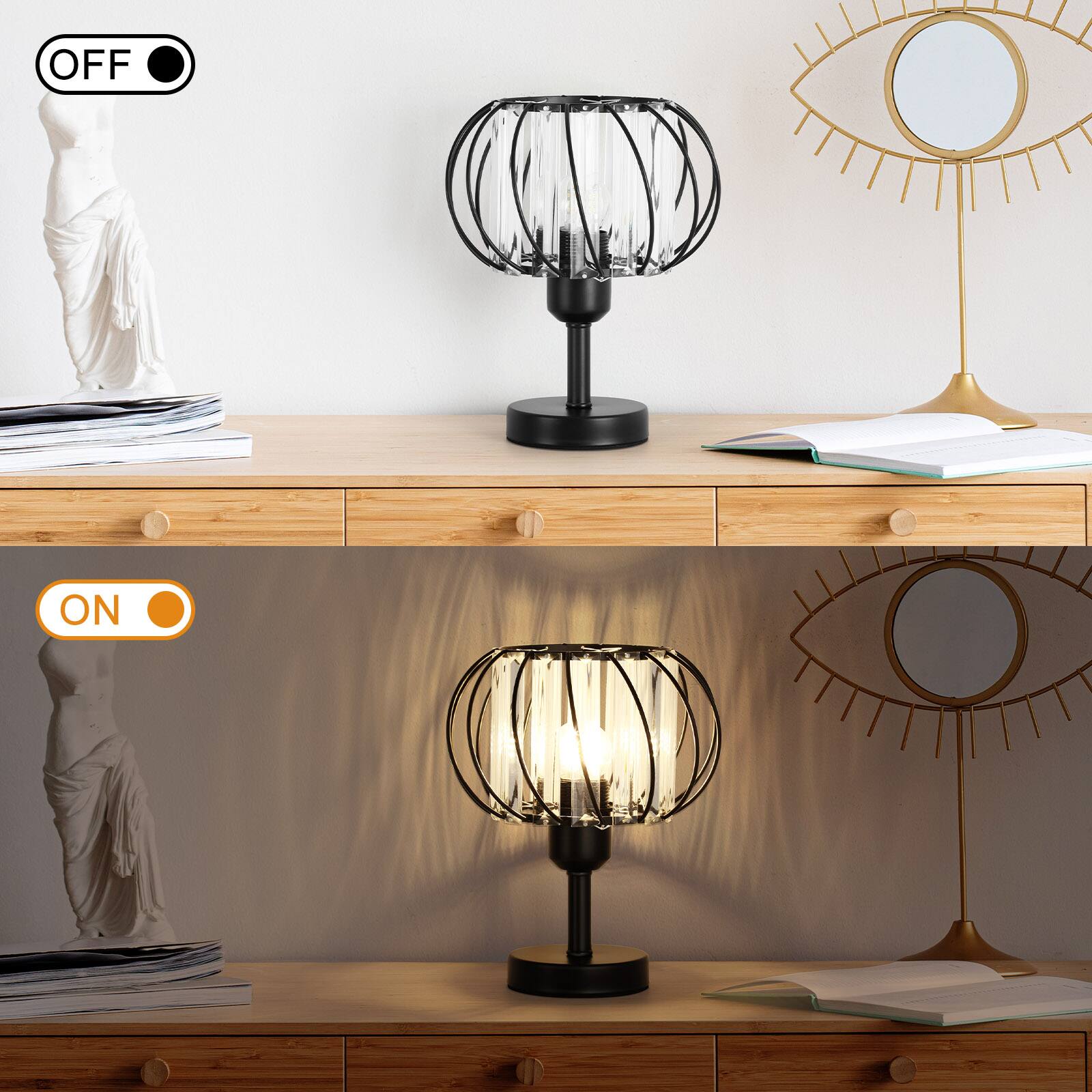 Oumilen Set of 2 Crystal Cage Table Lamps, 9in Tall, Black Metal Base ...
