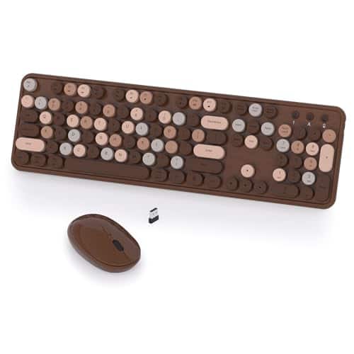 Comfort Essence - Colorful Wireless And Mouse Combo 2.4ghz Retro Cute Round Keycaps Full-sized Set With Button For Pc Laptop - Brown