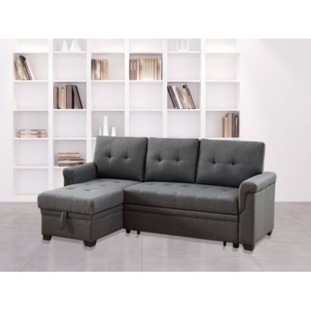 Angle. LUCKY ONE - 84" Dark Gray Linen Reversible Sleeper Sectional Sofa with Storage Chaise, Pull-Out Bed, Tufted Cushions - Dark Gray.