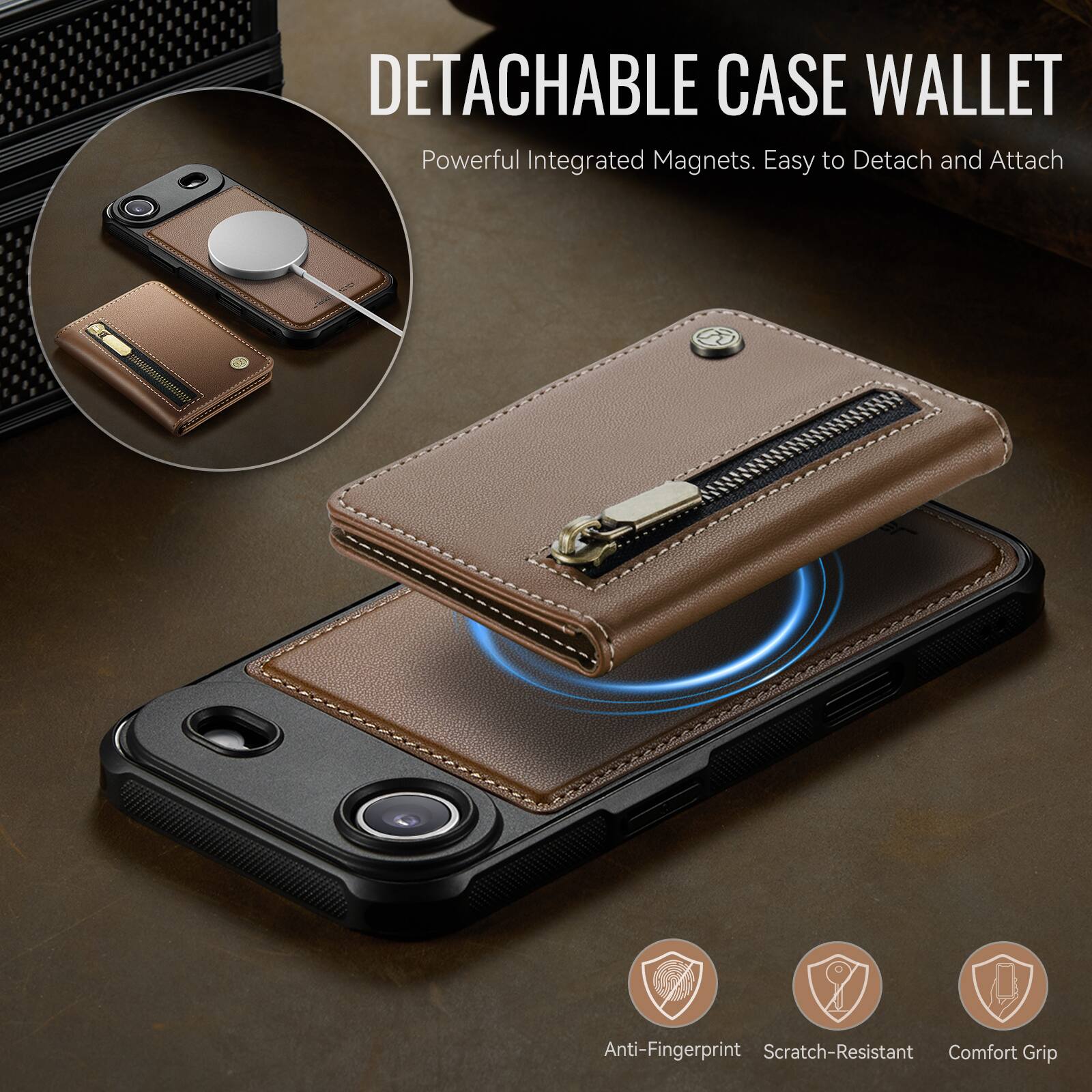 DETACHABLE CASE WALLET  
Powerful Integrated Magnets. Easy to Detach and Attach  

Anti-Fingerprint  
Scratch-Resistant  
Comfort Grip