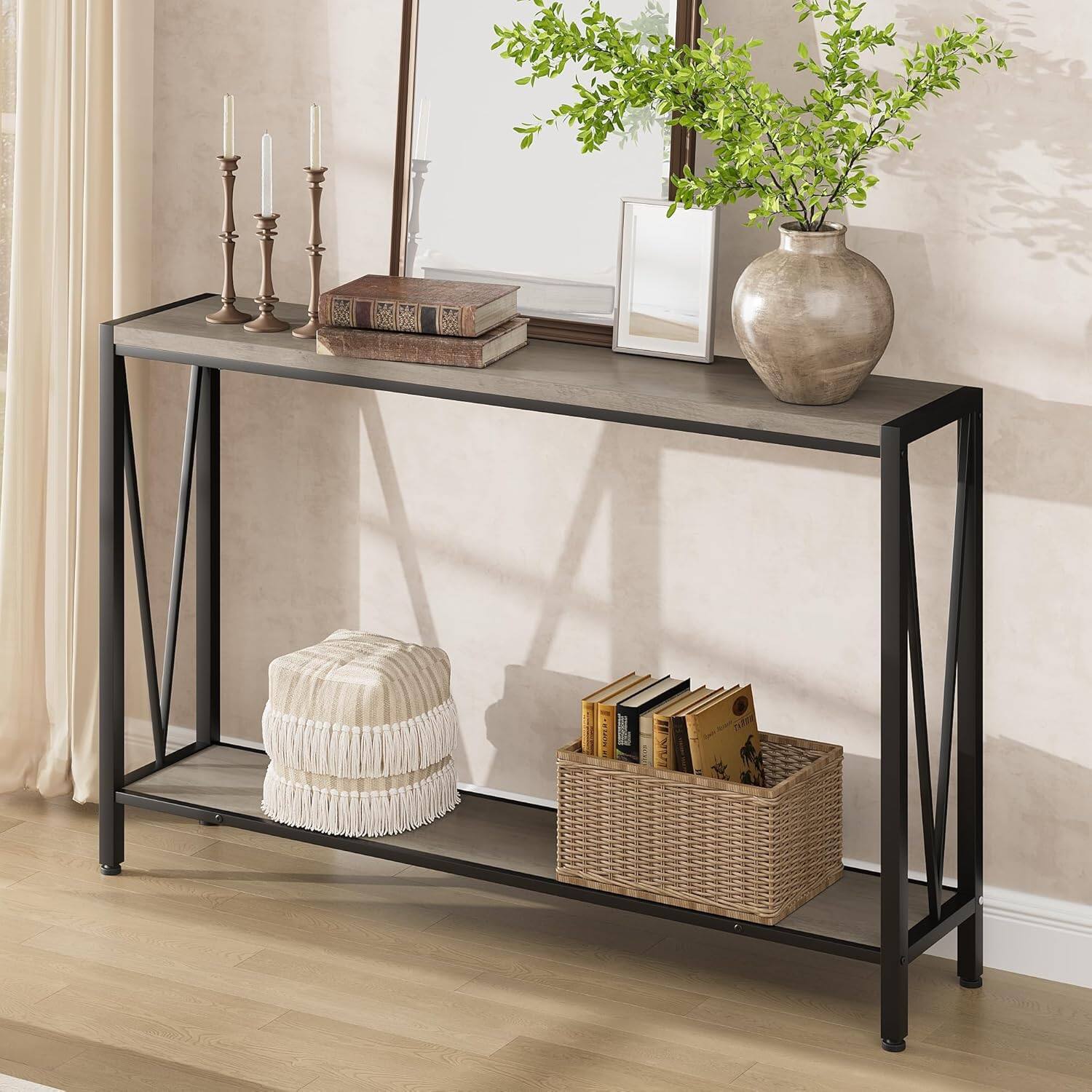 Alt View 1. Jojoka - 43" Console Table, 2-Tier Industrial Narrow Entryway Table , Long Sofa Table - Grey.