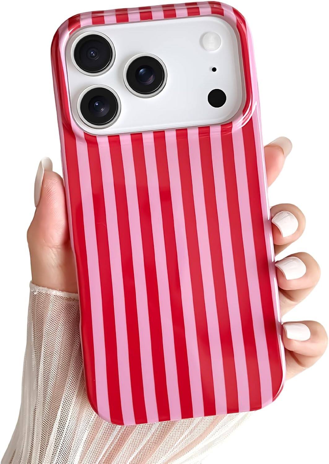 FINEAK - Cute Striped iPhone 17 Pro Max Case - Slim, Shockproof TPU Cover - Red & Pink