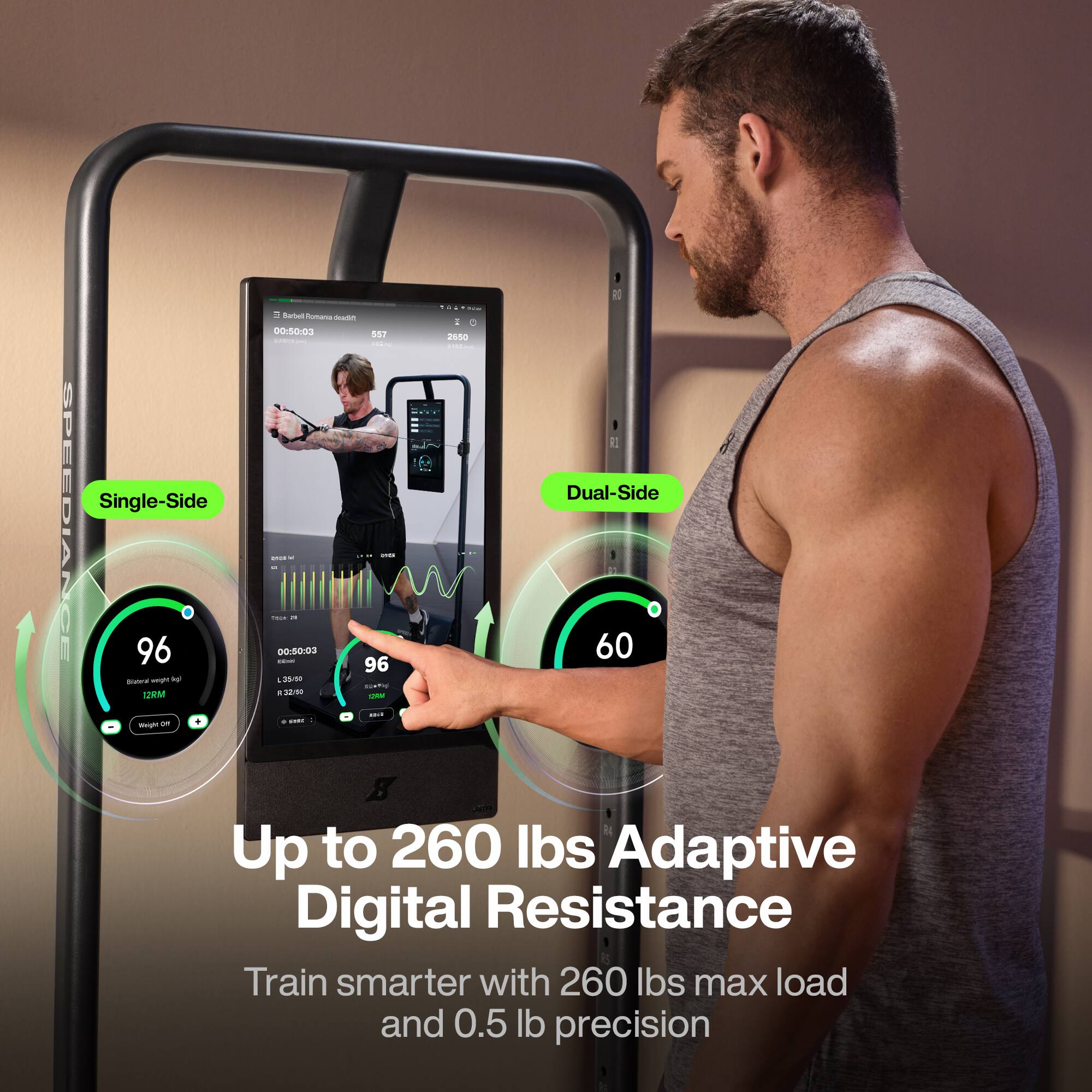 a - 3 habes mane -u a 0so03 SN adida - - - - .. 1 I Dual-Side Single-Side SPEEDIANCE 96 - I - 00.80:09 - - . a - 60 i 96 - - d a/ caio 128A - ie - I . .  - on i4 Up to 260 lbs Adaptive Digital Resistance Train smarter with 260 lbs max load and 0.5 lb precision