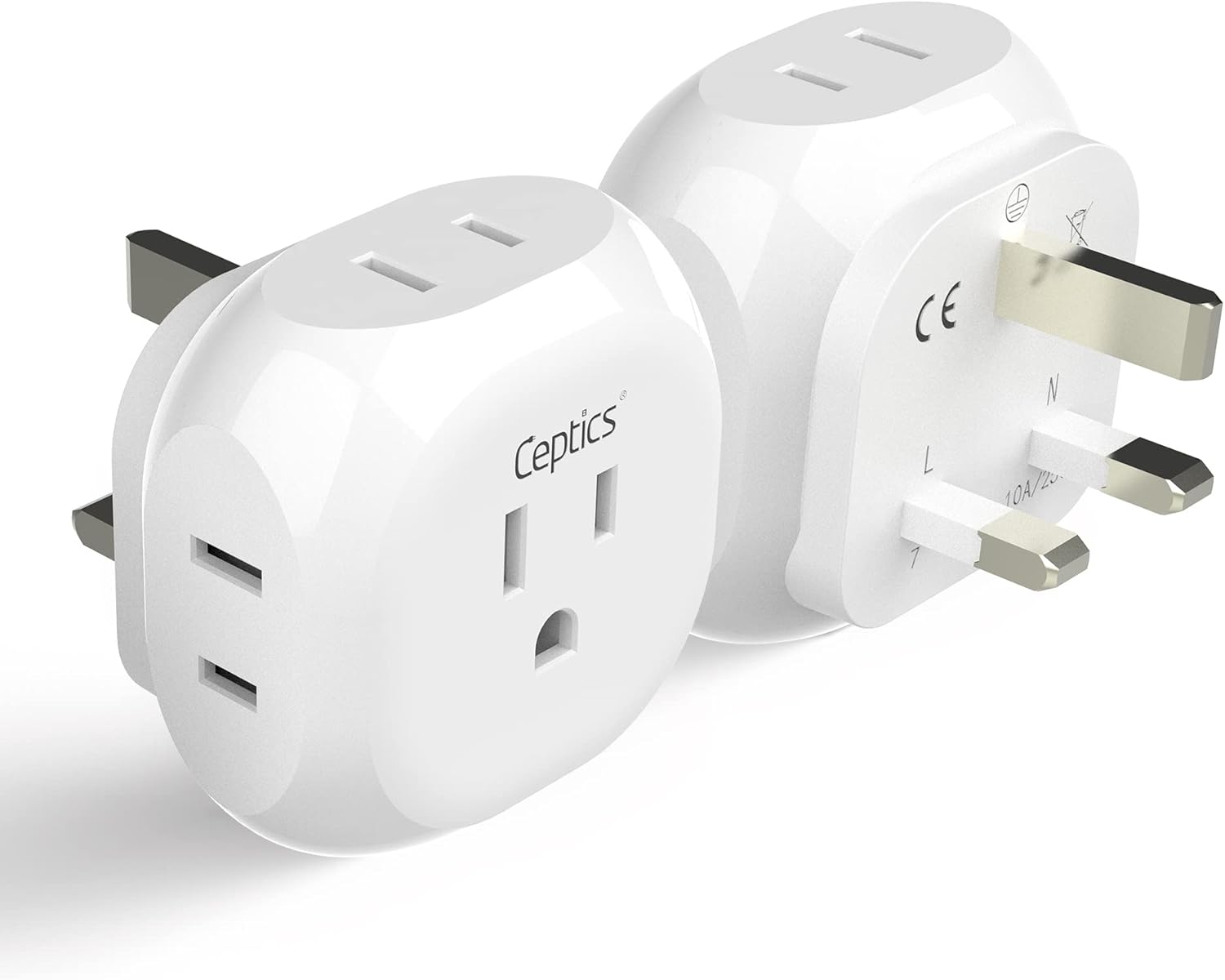 Ceptics - US to UK Plug Adapter UK, Ireland Power Adapter Charger - Hong Kong, England and More - White