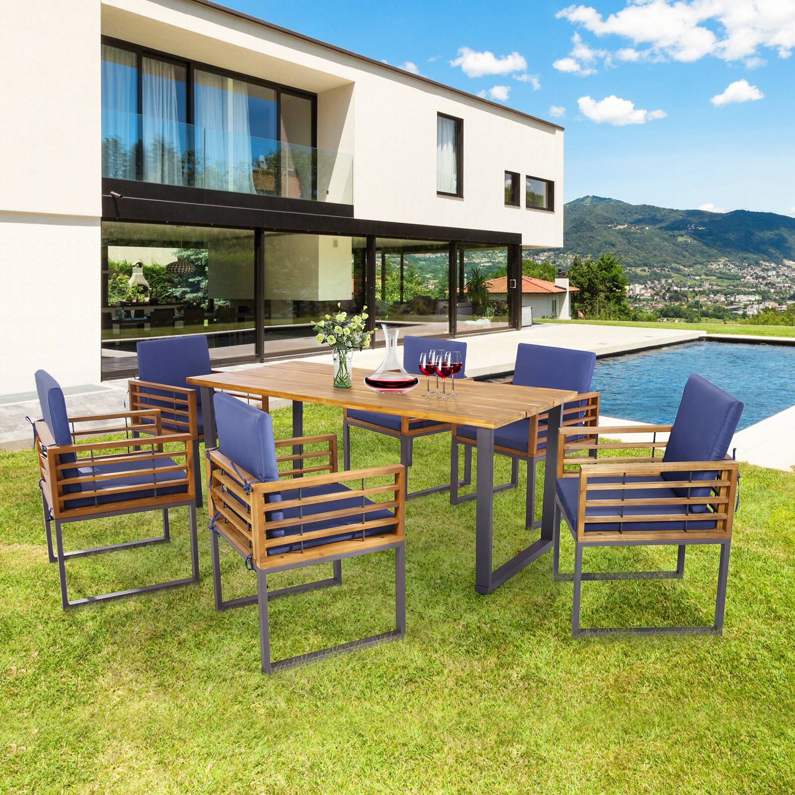 Alt View 3. Gymax - Gymax Patio Dining Chairs Set of 6 w/ Seat Back Cushions & Heavy-Duty Metal Support - Navy, Natural, Black.