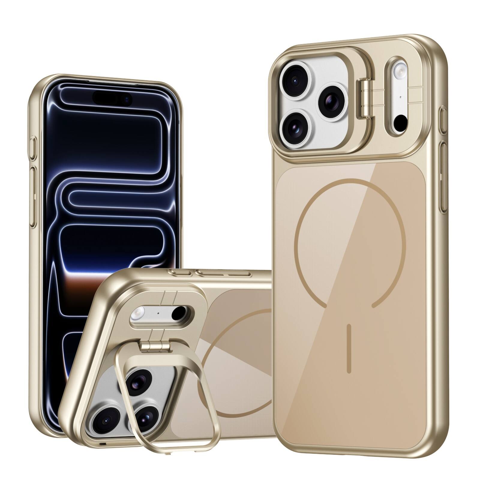 Left. Dteck - Magnetic Case for Apple iPhone 17 Pro Max with Camera Lens Kickstand, Rugged Drop Proof Rigid Plastic + Glass Back Cover - Desertgold.