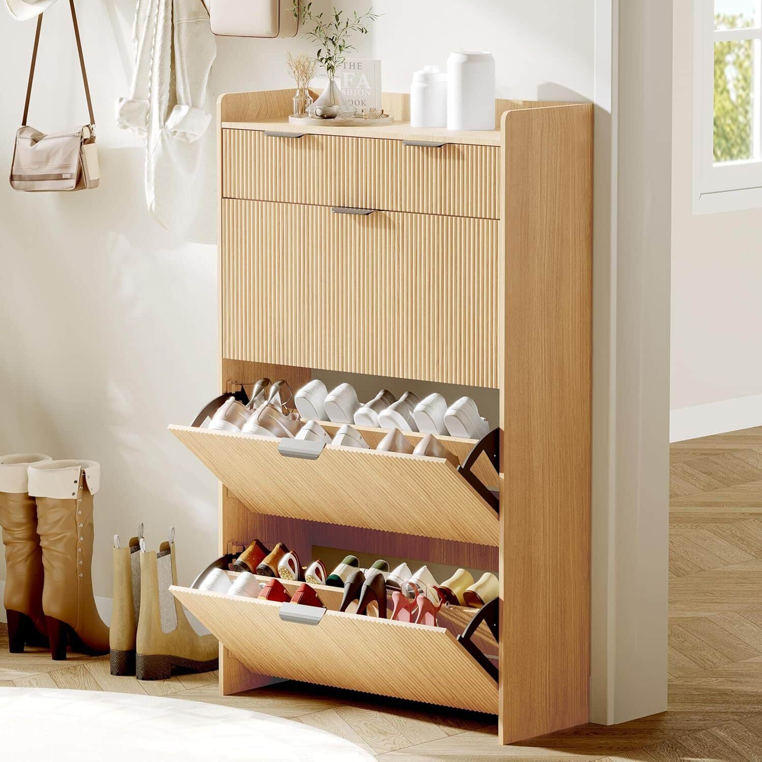 GARVEE - Wave Design Shoe Cabinet with 3 Slip Drawers, 2 Drawers, Raised Edges, Fluted Shoe Cabinet, Shoe Organizer - Natural