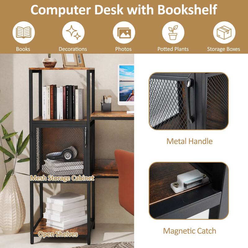 Computer Desk with Bookshelf  
Books  
Decorations  
Photos  
Potted Plants  
Storage Boxes  
Metal Handle  
Mesh Storage Cabinet  
Open Shelves  
Magnetic Catch