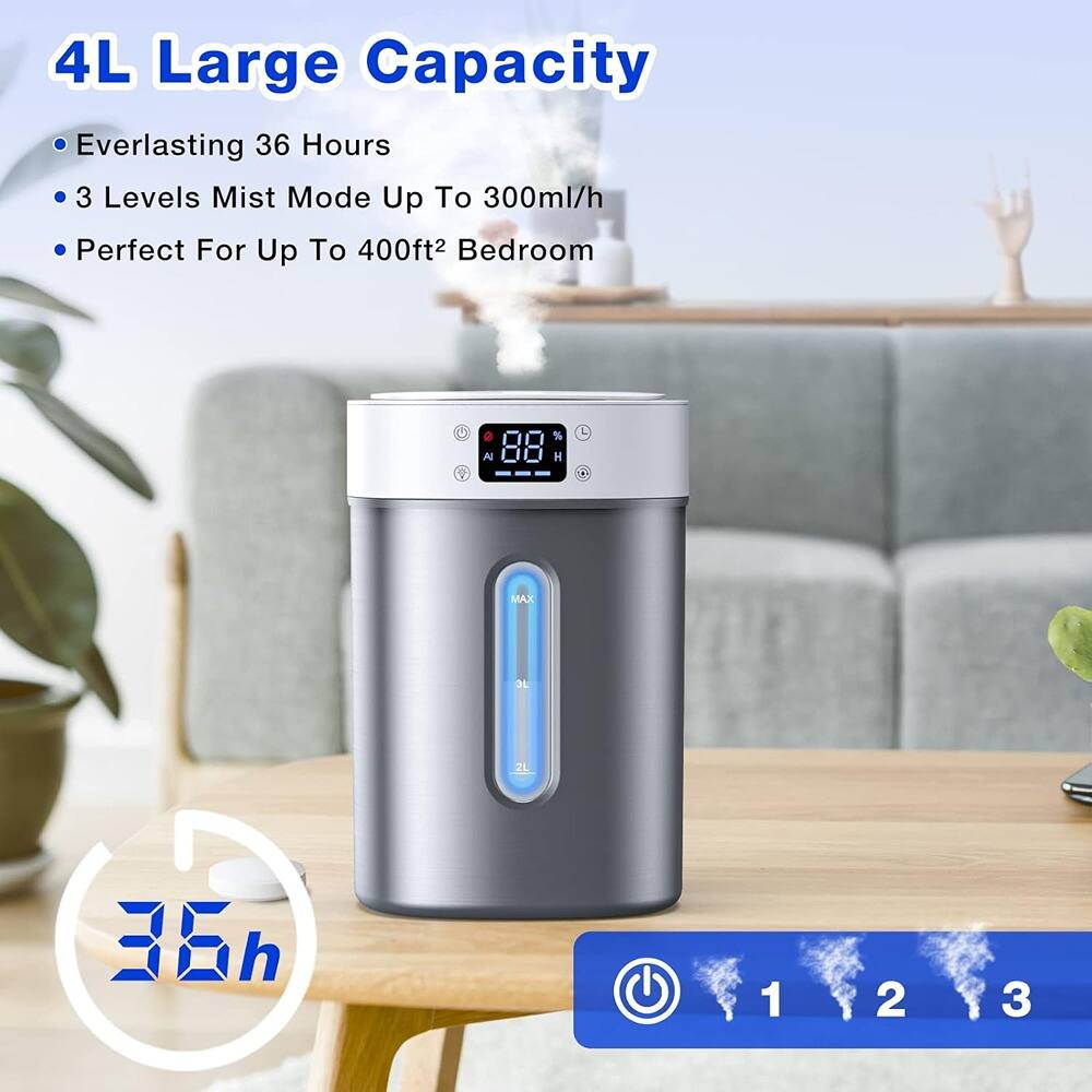4L Large Capacity  
- Everlasting 36 Hours  
- 3 Levels Mist Mode Up To 300ml/h  
- Perfect For Up To 400ft² Bedroom  

36h  

1 2 3