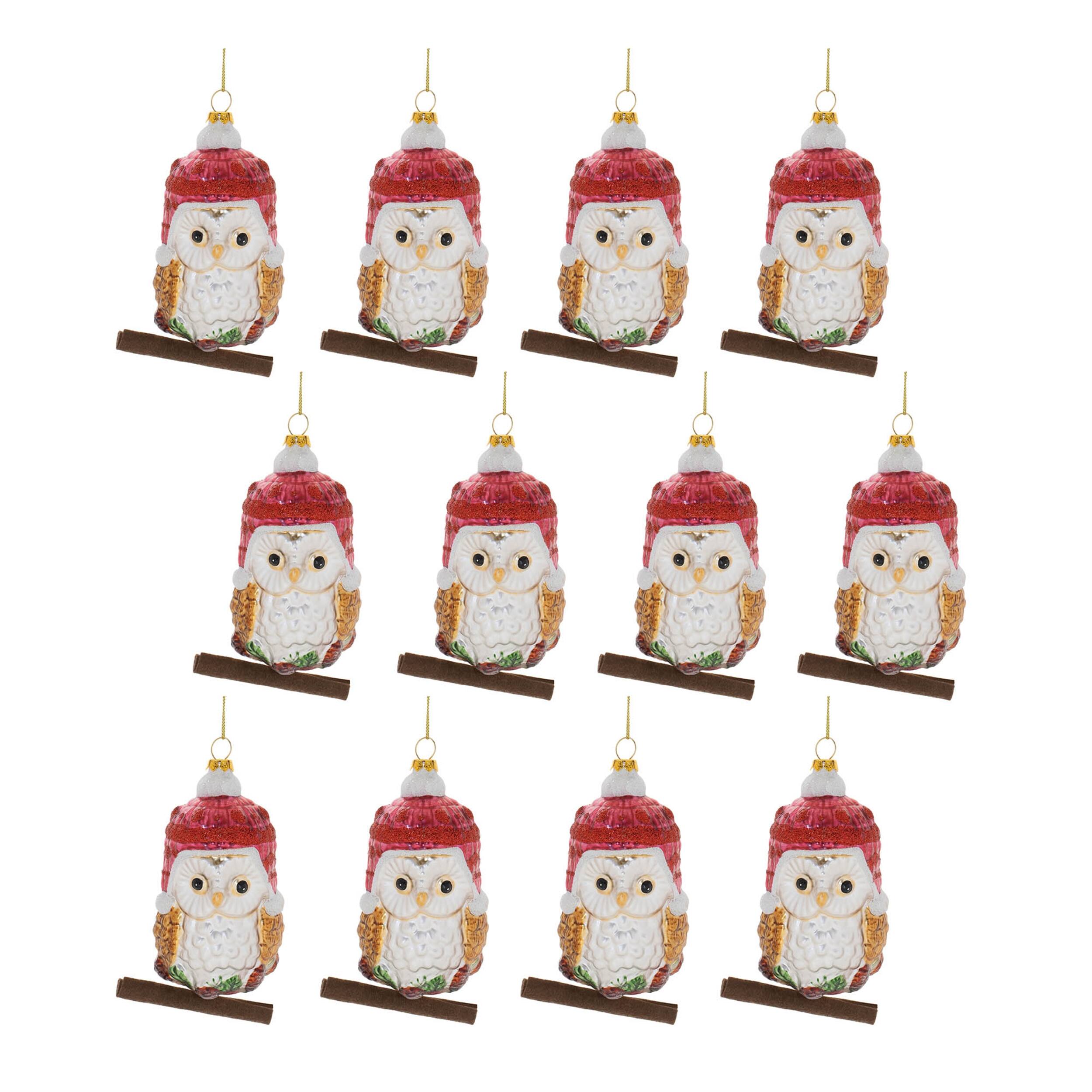 Left. BreeBe - Glittered Glass Owl Ornament (Set of 12) - White, Red, Brown.