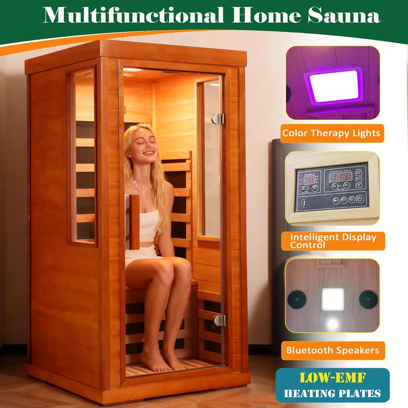 Multifunctional Home Sauna

- Color Therapy Lights
- Intelligent Display Control
- Bluetooth Speakers
- LOW-EMF HEATING PLATES
