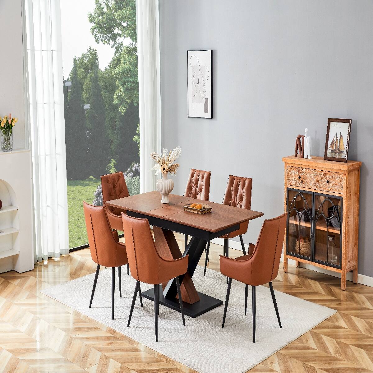 Angle. Loheer - Loheer Extendable Dining Table Dark Walnut Rectangular Dining Table with Metal Cross Base - Dark Walnut.